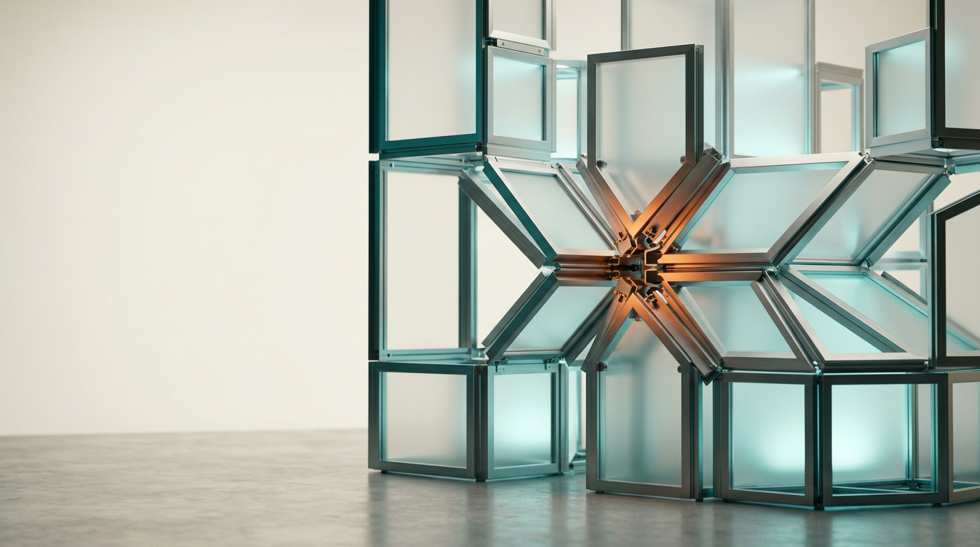 A cinematic, high-angle studio shot of a modular architectural installation representing data-driven interactive content, featuring a series of precise, interlocking panels with satin-finished metallic frames and translucent frosted-glass surfaces arranged in a sophisticated, purposeful assembly in the right third of the frame, the left two-fifths of the image consisting of a softly lit, minimalist cream-colored studio backdrop providing clean and uncluttered copy space, subtle internal illumination within the modules emanating a faint soft cyan glow with one controlled, purposeful warm burnt orange accent light on a central mechanical junction, deep teal rim lighting softly highlighting the geometric edges of the assembly, captured with a 50mm prime lens, photorealistic, 8K resolution, crisp controlled lighting, realistic material textures with subtle architectural detail, natural depth of field, HDR-quality dynamic range, no humans, no text, no numbers, no logos, no holograms, no impossible machinery, generated by nanobanana pro --ar 16:9