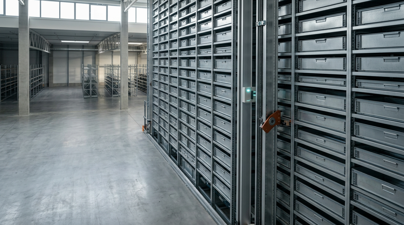 A high-angle, cinematic photograph of a precision-engineered logistics hub interior, focusing on an automated vertical storage system with modular, satin-finished metallic shelving, positioned in the right third of the frame. The facility is illuminated by soft, natural early-morning light streaming through a high-clearance architectural clerestory, creating a calm and orderly atmosphere. A single, purposeful sensor array with a soft cyan indicator light is integrated into the storage structure, while a restrained, warm burnt orange accent highlights a mechanical pivot point. The left two-fifths of the frame consists of a clean, softly lit concrete floor and muted architectural background, providing generous negative space for website copy. The scene is captured with a 50mm lens, ensuring deep, natural focus, crisp material textures, and balanced atmospheric perspective. The environment is devoid of people, signage, text, numbers, or artificial glowing data grids, emphasizing a professional, efficient, and reliable infrastructure, generated by nanobanana pro --ar 16:9