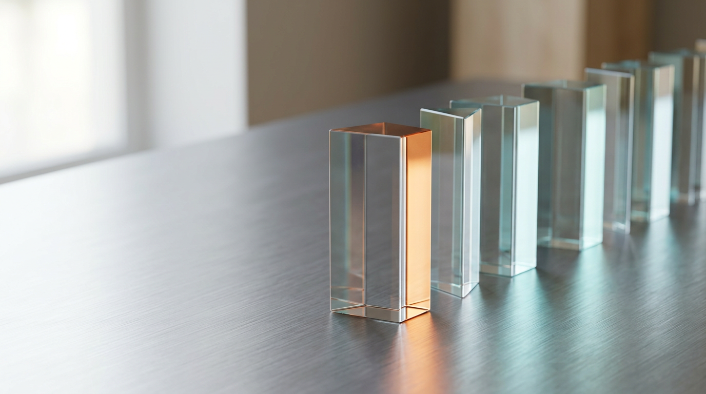 A premium studio-composed scene representing precision and technical clarity in search optimization, featuring a series of meticulously arranged, translucent glass prisms set upon a brushed metallic surface that catches soft, natural morning light. The arrangement of the prisms follows a rhythmic, mathematical progression toward the right third of the frame, serving as a visual metaphor for structured data and algorithm alignment, while the left third provides clean, uncluttered negative space for website copy. A single Warm Burnt Orange accent light highlights the edge of the central prism, complemented by subtle, low-intensity Soft Cyan light refracting through the glass to suggest intelligent processing. The composition uses an 85mm prime lens for a refined, compressed perspective, emphasizing the high-quality, durable materials and sophisticated architectural staging. The atmosphere is quiet, intentional, and deeply professional, with photorealistic textures, physically accurate shadows, and no human presence. The scene is clean, free of text or labels, and highlights technical rigor through form, scale, and lighting, generated by nanobanana pro --ar 16:9
