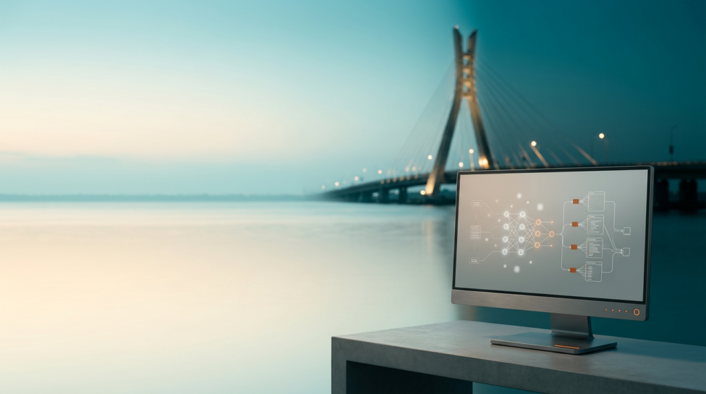 A professional wide-angle 16:9 editorial photograph captured at twilight, featuring the distinctive silhouette of the Lekki-Ikoyi Link Bridge glowing against a deepening teal horizon, the scene transitioning into the soft cyan haze of a Nigerian morning. The left two-thirds of the frame consist of vast, uncluttered negative space, showing an expansive, calm view of the Lagos lagoon reflecting the soft cream-colored glow of the early sky. Occupying the lower-right third of the frame, a high-end, brushed metallic grey AI-integrated workstation monitor rests on a sleek, minimalist concrete surface, displaying a subtle, non-textual array of glowing abstract vector neural-network nodes and complex data-flow line diagrams in soft white and burnt orange accents. The lighting is natural and photographic, with a shallow depth of field from an 85mm lens at f/2.0, creating a creamy bokeh effect on the bridge architecture in the distance. No humans, no text, no logos, no signage, and no sci-fi elements; the composition is grounded in high-end, realistic architectural photography with a color palette of deep teal shadows, soft cyan atmosphere, warm cream highlights, and precise burnt orange indicator lights on the console.
