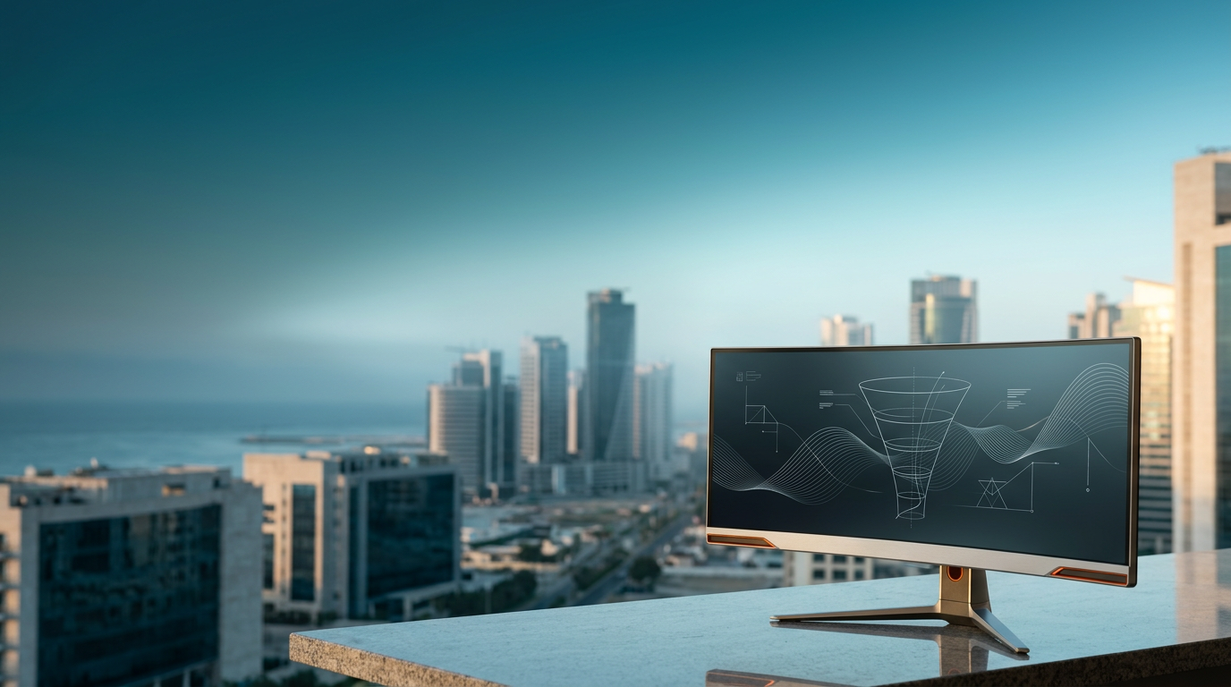 A highly detailed, photorealistic 16:9 widescreen image, captured on an 85mm prime lens at f/2.0. The scene depicts an optimistic twilight transitioning into early daylight over Lagos, Nigeria. In the immediate lower-right third of the frame, a high-end ultra-wide curved monitor is in sharp, tactile foreground focus, displaying an abstract, non-textual wireframe of growth funnels and dynamic data visualization with sleek vector lines and minimal line diagrams. The monitor casing is made of durable Brushed Metallic Gray #E6E6E6 with subtle Burnt Orange #E06719 accent lights and bevels. The pristine glass surface reflects the soft ambient light. The monitor sits on a smooth, clean surface of polished local stone. Extending across the center and left distance, with a natural, soft photographic bokeh, is the unmistakable silhouette of the modern Eko Atlantic city skyline, gently emerging from the morning haze. The vast stretch of the Atlantic Ocean is visible in the distance, reflecting the deep twilight sky. The sky above the skyline and across the left two-thirds of the frame is an expansive, uncluttered canvas of twilight transitioning to dawn, with deep sky gradations of Deep Teal #116F76 blending into Soft Cyan #C1E3E6 atmospheric haze near the horizon. Warm Cream #FFF4CE sunlight subtly catches the distant edges of the high-rise buildings and architectural stone. The scene is completely devoid of any humans, text, logos, or numbers. The lighting, atmospheric scale, and perspective evoke high-end commercial editorial architectural photography, emphasizing grounded realism without any surreal elements.