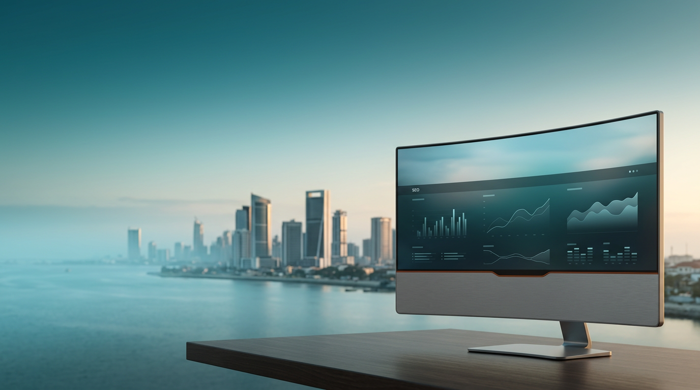 Photorealistic 16:9 widescreen shot on 85mm prime lens at f/2.0. In the sharp, tactile foreground focus, occupying the lower-right third of the frame, sits a sleek, ultra-wide curved monitor. Its enclosure is durable brushed metallic gray #E6E6E6, accented by a discreet burnt orange #E06719 bevel highlight. The pristine glass display shows abstract, non-textual UI elements: minimalist vector graphs, subtle line diagrams, and data trend visualizations in shades of deep teal and soft cyan against a dark background, signifying SEO analytics. The monitor reflects the tranquil twilight sky. Extending across the center and left distance, with a natural, soft photographic bokeh, is the distinctive modern silhouette of the Eko Atlantic City skyline in Lagos, Nigeria, viewed across the Lagos Lagoon. Contemporary high-rise architecture, with clean lines, softly catches the nascent warm cream #FFF4CE light on its edges. The expansive, uncluttered sky and water across the left and upper frame show a gradient transition from deep teal #116F76 at the zenith to soft cyan #C1E3E6 at the horizon, where warm cream #FFF4CE light begins to emerge. Atmospheric haze of soft cyan #C1E3E6 gently softens the distant city. The entire environment is completely unoccupied, devoid of any humans, text, or brand logos. The scene embodies high-end commercial architectural photography, grounded in realism.