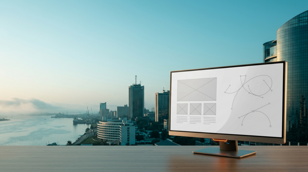 Wide-angle 16:9 cinematic shot captured on an 85mm lens at f/2.0, featuring a sleek, ultra-wide professional workstation monitor placed in the lower-right third of the frame, displaying elegant, non-textual abstract web design wireframes and vector path geometry in soft grayscale, the monitor’s brushed metallic frame catching a subtle warmth from the morning light, the foreground is sharp and tactile, background opens into a spacious, uncluttered view of the Lagos skyline during a tranquil twilight-to-daylight transition, the iconic silhouettes of the NECOM House and the distinctive curved architecture of the Lagos Marina define the horizon line, soft coastal morning mist rolls across the harbor waters on the left, the lighting palette transitions from deep teal #116F76 in the ambient shadows to a soft cyan #C1E3E6 atmospheric haze, with natural warm cream #FFF4CE light catching the edges of the distant architectural glass, discreet burnt orange #E06719 indicator light pulses on the monitor base, composition prioritizes expansive negative space across the left and upper sky for copy, completely devoid of humans, crowds, or text, photorealistic architectural photography style, serene, high-end, professional, pristine surfaces, no signage, no branding.