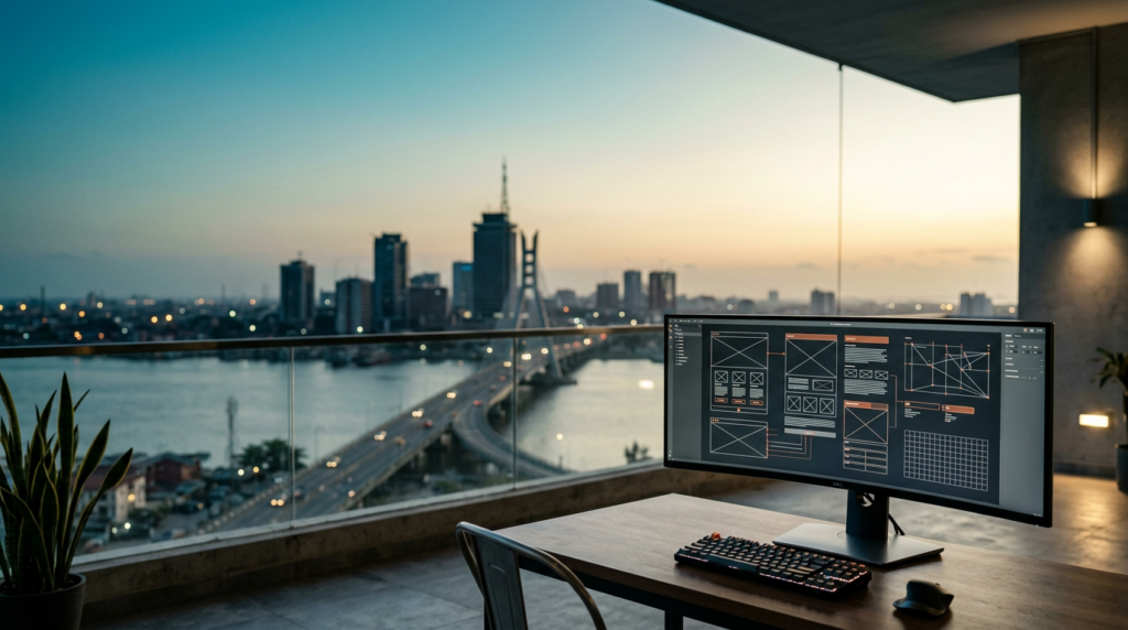 A wide-angle 16:9 cinematic shot captured on an 85mm lens at f/2.0 featuring a sleek, professional ultra-wide workstation monitor positioned in the sharp-focus lower-right foreground, the screen displaying sophisticated, non-textual abstract web development wireframes and geometric UI vector paths with subtle burnt orange interface accents, the composition providing expansive negative space across the left and upper thirds of the frame for copy placement, the background transitioning from deep twilight to early morning light overlooking the iconic Lagos skyline with the distinct silhouette of the NECOM House tower and the sprawling Third Mainland Bridge arching across the calm Lagos Lagoon in the soft-focus distance, the color palette dominated by deep teal shadows and soft cyan atmospheric haze, warm cream natural light catching the architectural edges of the high-rises and the metallic frame of the workstation, high-end commercial architectural photography aesthetic, zero humans, zero legible text, zero logos, grounded realism, clean concrete and brushed metallic textures, impeccable lighting transitions.