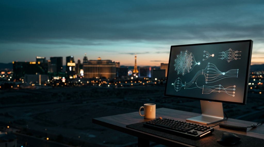 A cinematic wide 16:9 shot captured on an 85mm prime lens at f/2.0 featuring a sleek, minimalist desk setup positioned in the lower-right third of the frame, showcasing a high-end brushed metallic workstation monitor displaying abstract, non-textual data visualization node-graphs and flowing neural network vector paths in soft glow. The foreground device features subtle burnt orange status indicator lights and tactile, high-quality material finishes. The background captures the iconic, unmistakable silhouette of the Las Vegas Strip skyline during the transition from deep twilight to a soft, pre-dawn horizon, with the soft glow of architectural outlines set against a vast, uncluttered expanse of dusky, deep teal sky covering the left and upper two-thirds of the frame. The atmosphere is filled with a soft cyan marine layer and natural light catching the edges of the distant iconic desert-city architecture. The composition is entirely devoid of humans, text, signage, or logos, emphasizing professional, grounded realism with a color palette of deep teal, soft cyan, warm cream highlights on building contours, and brushed metallic grays. The scene is clean, expansive, and perfectly balanced for modern web hero typography, shot with the depth of field focused sharply on the technological hardware in the foreground while the landmark city horizon fades into a soft, elegant photographic bokeh.