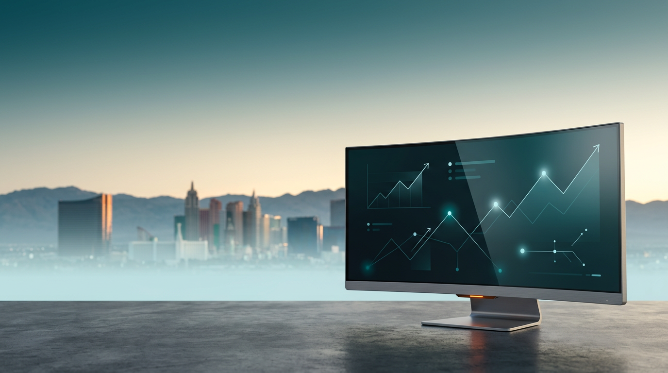 A highly detailed, photorealistic 16:9 widescreen shot captured with an 85mm prime lens at f/2.0. In the sharp, tactile foreground, positioned entirely within the lower-right third of the frame, sits a sleek, ultra-wide curved monitor. Its enclosure is crafted from durable brushed metallic gray #E6E6E6, with a pristine glass screen displaying abstract, non-textual data visualizations: minimalist line graphs showing upward growth trends, geometric vector paths, and glowing points of light in deep teal #116F76 and soft cyan #C1E3E6 against a dark interface. A discreet burnt orange #E06719 LED indicator light glows on its base. The monitor rests on a polished dark concrete surface. Beyond, stretching across the center and left distance with a natural, soft photographic bokeh, the distinctive, modern architectural silhouettes of the Las Vegas Strip emerge from a gentle, soft cyan #C1E3E6 atmospheric haze. The distant, rugged outline of the Nevada desert mountains forms the horizon. The sky above transitions from a deep teal #116F76 at the top of the frame, gradually softening into a warm cream #FFF4CE glow at the horizon, where the early dawn light subtly catches the edges of the distant architectural structures. The overall environment is completely unoccupied, devoid of any humans, reflections of people, text, numbers, or brand logos. The lighting is natural and diffused, evoking a serene twilight transitioning to early daylight, with subtle reflections on the monitor glass in hues of deep teal #116F76 and soft cyan #C1E3E6. The scene maintains grounded realism, resembling high-end commercial editorial architectural photography.