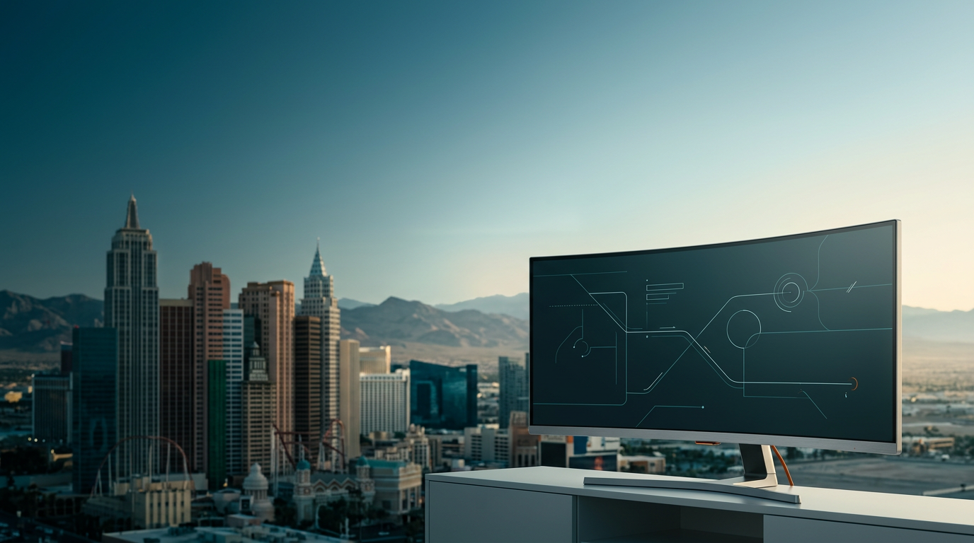 A breathtakingly vast, optimistic 16:9 widescreen scene capturing the essence of Las Vegas at the transition from deep twilight to early daylight. In the lower-right third of the frame, in sharp, tactile foreground focus, sits a sleek, ultra-wide curved monitor. Its enclosure is crafted from durable Brushed Metallic Gray #E6E6E6, with a pristine glass screen displaying an abstract, non-textual analytical UI of clean, minimal line diagrams and vector paths in Deep Teal and Soft Cyan against a dark background, subtly accented by a discreet Burnt Orange #E06719 indicator light or cable accent on its bevel. No text, no logos are visible on the device or its display. The monitor is positioned on a clean, low, modern console, with the vast, open space to the left and above it completely uncluttered and reserved for copy. In the mid-ground and extending into the left distance, the unmistakable, distinctive high-rise silhouettes of the Las Vegas Strip skyline rise, featuring iconic architectural shapes rendered with a natural, soft photographic bokeh. Behind the city, the rugged contours of distant desert mountains are visible. The scene is bathed in the atmospheric glow of dawn. Deep Teal #116F76 defines the receding shadows on the distant buildings, glass reflections, and the deep gradations of the pre-dawn sky over the desert. Soft Cyan #C1E3E6 blends into the atmospheric haze, creating a gentle horizon glow and ambient morning light that subtly illuminates the distant desert terrain and the upper sky. Warm Cream #FFF4CE catches the highest edges of the city's architectural structures, creating a subtle rim light and blending into the brightening sky transitions. The textures include the pristine glass surface of the monitor, the durable Brushed Metallic Gray #E6E6E6 of its casing, and the location-authentic concrete, stone, and glass of the distant city, alongside the natural, textured rock formations of the desert mountains. Shot on an 85mm prime lens at f/2.0. The environment is completely unoccupied, devoid of any humans, crowds, or reflections of people. No legible words, company names, city signage, street signs, numbers, or brand logos anywhere. The aesthetic is high-end commercial editorial architectural photography, grounded in realism.