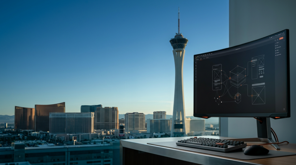A high-end 85mm prime lens architectural shot at f/2.0 capturing a wide-angle view of the Las Vegas Strip at the serene transition between pre-dawn twilight and soft morning light, focusing on the iconic silhouette of the Stratosphere tower rising into an expansive, uncluttered sky that occupies the left and upper two-thirds of the frame to provide clean negative space for typography. In the lower-right foreground, a sleek, brushed metallic workstation featuring an ultra-wide curved monitor displays intricate, abstract vector wireframes and geometric UI design nodes, rendered with sharp, tactile realism. The lighting palette utilizes deep teal #116F76 for shadows and glass reflections, soft cyan #C1E3E6 for the desert atmospheric haze and horizon glow, warm cream #FFF4CE hitting the edges of the distant architectural landmarks, and subtle burnt orange #E06719 highlights on the monitor’s power indicator and cable accents. The environment is completely devoid of humans, vehicles, and commercial signage, presenting a quiet, professional atmosphere of grounded realism. The composition features a shallow depth of field where the distant city skyline is rendered in a soft, elegant photographic bokeh, ensuring the foreground workstation remains the singular sharp focal anchor.