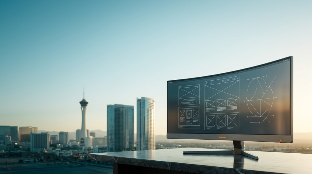 A 16:9 widescreen editorial photograph captured on an 85mm prime lens at f/2.0 featuring a sleek, ultra-wide curved workstation monitor resting on a polished dark stone surface in the lower-right third of the frame, the display glowing softly with abstract, non-textual web design wireframes and intricate geometric vector paths, the foreground device detailed with a brushed metallic gray frame and a subtle burnt orange power indicator light, the background transitioning from the deep teal of a desert twilight to the soft cyan haze of early morning light, the cityscape of Las Vegas stretching across the left and center distance, the iconic silhouette of the Stratosphere tower and the clean, rhythmic geometry of modern high-rise glass structures rising against the expansive negative space of the open, hazy sky, the lighting creating a warm cream glow on the edges of the distant architectural forms and reflecting off the monitor glass, the composition prioritizing vast, uncluttered space on the left and upper sections for typography, the atmosphere clear and tranquil, completely devoid of humans, signage, text, logos, or neon glare, grounded in high-end commercial architectural photography, sharp focus on the monitor with a soft photographic bokeh on the distant city horizon.