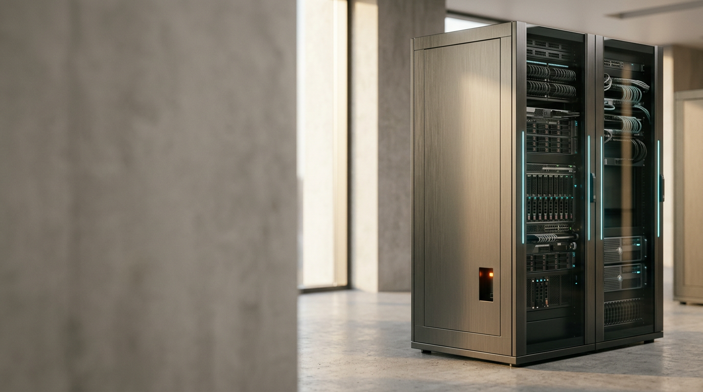 A cinematic, highly detailed photograph of a clean, sophisticated digital infrastructure facility, featuring a refined server rack housing with brushed metallic finishes and recessed, subtle soft cyan LED status indicators, positioned on the right third of the frame. The left two-fifths of the image consists of a blurred, neutrally lit architectural wall that provides clear, uncluttered copy space. The scene is illuminated by warm, natural morning light filtering through a nearby window, casting soft, physically accurate shadows and highlighting the texture of the satin-finished equipment. A single, controlled burnt-orange accent light is integrated into a minor maintenance port on the equipment chassis, providing a subtle focal contrast. The atmosphere is calm, professional, and secure, with no visible screens, interfaces, or glowing data streams. Photorealistic, 8K resolution, crisp controlled lighting, realistic metallic and concrete materials, natural depth of field, 50mm prime lens, cinematic photography. Exclude all humans, silhouettes, faces, hands, text, numbers, signs, logos, holograms, neon grids, and fantasy technology. Generated by nanobanana pro --ar 16:9
