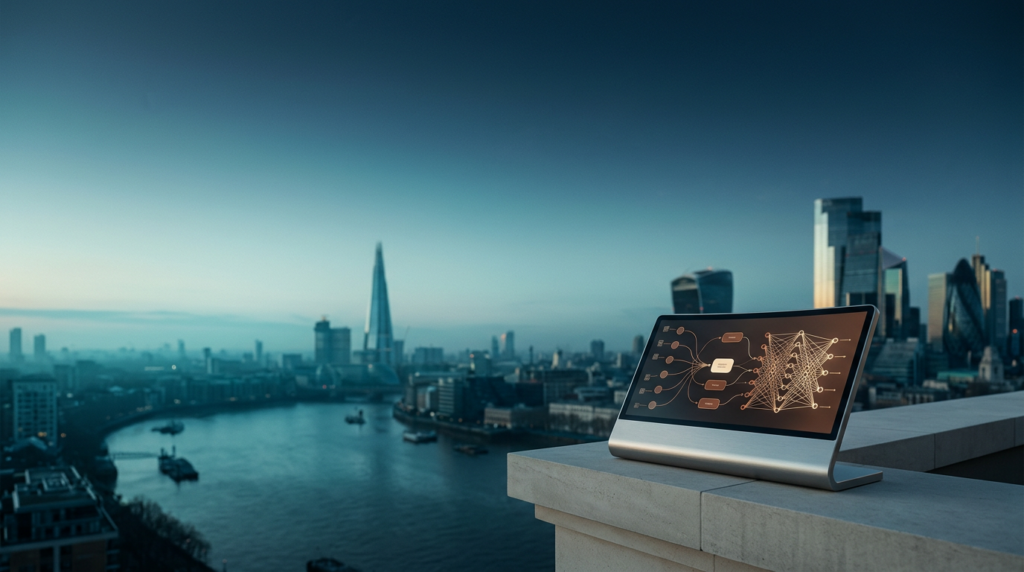 A 16:9 widescreen editorial photograph captured on an 85mm lens at f/2.0, featuring a serene, expansive view of the London skyline at the transition of twilight into early dawn, prioritizing vast, uncluttered space across the left and upper thirds of the frame. The horizon is defined by the recognizable silhouette of the Shard and the iconic curve of the River Thames, bathed in a deep teal and soft cyan atmospheric mist. In the lower-right foreground, a sleek, brushed metallic brushed-aluminum AI processing terminal sits on a clean, architectural stone ledge, its high-resolution curved display glowing with abstract, non-textual data visualization flow charts and intricate, glowing neural network vector line diagrams in burnt orange and warm cream tones. The lighting is natural and cinematic, with soft morning light catching the edges of the glass skyscrapers and the hardware’s metallic bevels. The scene is completely devoid of humans, text, signage, or logos, maintaining a grounded, professional atmosphere with a deep bokeh background that seamlessly blends the London urban landscape into a tranquil, spacious composition suitable for high-end digital agency web design.