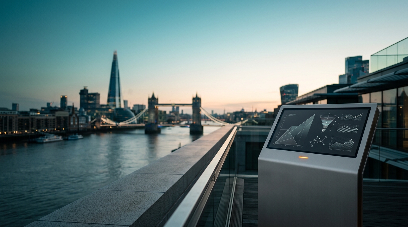 A cinematic 16:9 widescreen editorial photograph of an unoccupied modern architectural rooftop terrace overlooking the London skyline at dawn twilight transitioning into soft morning daylight. The soft-focus center and left distance features The Shard and Tower Bridge above the River Thames with natural photographic bokeh, leaving the left two-thirds of the frame spacious, uncluttered, and open with smooth gradient atmospheric sky transitioning from deep teal #116F76 water and shadows to soft cyan #C1E3E6 morning haze and warm cream #FFF4CE horizon highlights. In sharp foreground focus locked in the lower-right third sits a sleek brushed metallic gray #E6E6E6 workstation terminal showing abstract non-textual growth trajectory curves, geometric node funnels, and a discreet burnt orange #E06719 power indicator bevel. Zero humans, zero text, zero typography, zero brand logos.