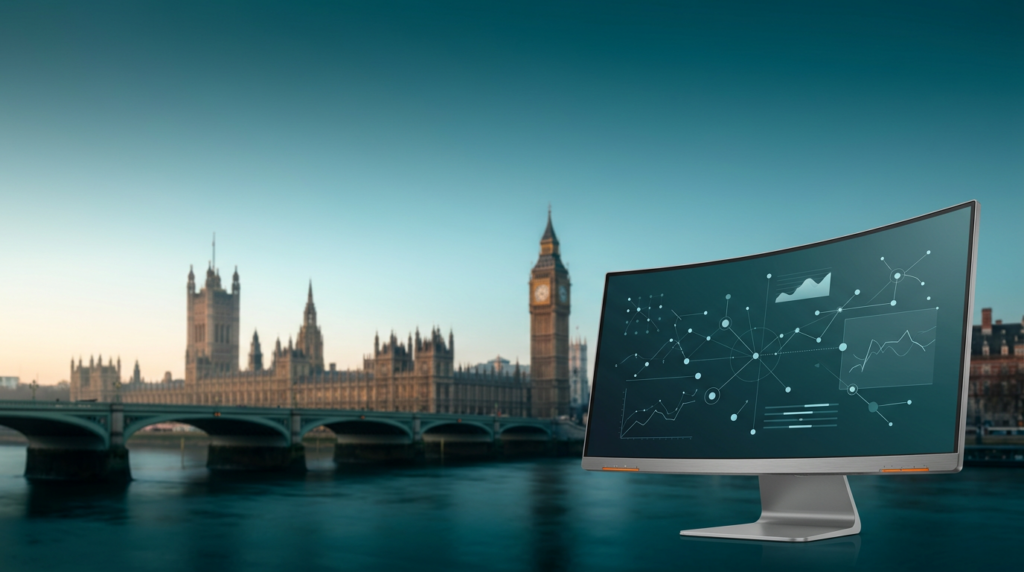 A high-definition photorealistic 16:9 widescreen shot taken with an 85mm prime lens at f/2.0. The scene captures London at the serene moment of twilight transitioning into pre-dawn light. In the lower-right third of the frame, in sharp, tactile foreground focus, sits a sleek, ultra-wide curved monitor. Its durable brushed metallic gray #E6E6E6 enclosure and stand reflect subtle ambient light, and discreet burnt orange #E06719 indicator lights glow faintly along its lower bezel. The monitor's pristine glass display shows an abstract, non-textual complex UI of interconnected data points, minimal line graphs, and vector paths, symbolizing performance marketing analytics, rendered in deep teal #116F76 and soft cyan #C1E3E6 against a subtle dark background. The left two-thirds of the frame are expansive and uncluttered, dominated by open sky and the distant city. In the mid-distance, across the center and left, partially enveloped in a soft, natural photographic bokeh, the iconic silhouette of the Houses of Parliament and the Big Ben clock tower rises majestically, their architectural stone facades just beginning to catch the first warm cream #FFF4CE light of dawn. Below, the deep teal #116F76 waters of the River Thames reflect the deep sky gradations, with the tranquil, authentic concrete and stone textures of Westminster Bridge visible. The sky above transitions from a deep teal #116F76 at the zenith to a soft cyan #C1E3E6 glow on the horizon, hinting at the approaching daylight, creating atmospheric haze. No humans are present. No text, logos, or numbers are visible anywhere in the scene, on buildings, signs, or the device display. The overall aesthetic is one of sophisticated, grounded realism, resembling high-end commercial architectural photography, with ample negative space on the left and upper sections for website copy.