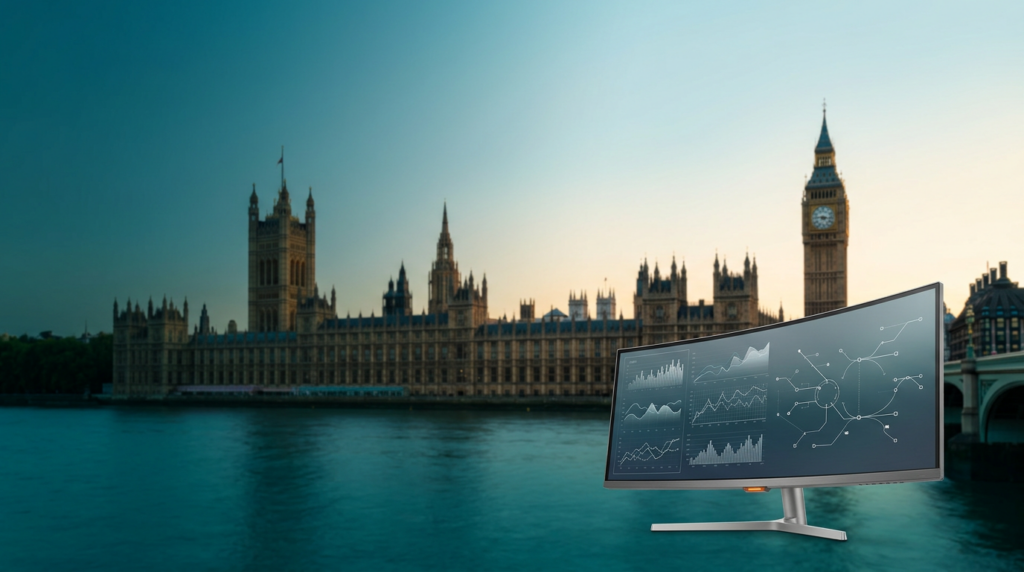 Photorealistic, high-resolution 16:9 widescreen shot taken on an 85mm prime lens at f/2.0. The scene captures the iconic, unmissable architectural silhouette of the Palace of Westminster and the Elizabeth Tower (Big Ben) in London, UK, extending across the center and left distance. The backdrop is an expansive, uncluttered twilight sky transitioning into early daylight, featuring a deep gradient of Deep Teal #116F76 at the base, smoothly blending upwards into a Soft Cyan #C1E3E6 atmospheric haze and a Warm Cream #FFF4CE horizon glow that subtly catches the ancient stone edges of the parliament building. The River Thames, a deep teal #116F76 waterway, flows in the mid-ground, reflecting the transitioning sky. In the lower-right third of the frame, an understated, sleek, ultra-wide curved workstation monitor is positioned, rendered in sharp, tactile foreground focus. The monitor's enclosure is made of durable Brushed Metallic Gray #E6E6E6, with pristine glass surfaces. Its display shows an abstract, non-textual UI featuring complex data visualizations, intricate line graphs, and interconnected vector path diagrams, symbolizing analytical insights and SEO performance. A discreet Burnt Orange #E06719 indicator light glows subtly on the monitor's lower bevel. The historic London landmark is depicted with a natural, soft photographic bokeh, immediately establishing the location while never competing with the foreground device. The entire environment is completely unoccupied; there are absolutely no humans, pedestrians, office workers, silhouettes, hands, crowds, or reflections of people. There is also no legible text, company names, city signage, street signs, numbers, or brand logos present anywhere in the image. The lighting, atmospheric scale, and perspective are grounded in realism, presenting a high-end commercial editorial architectural photography aesthetic, with significant open negative space across the left and upper sections of the frame designed specifically for left-aligned website copy overlays. The dominant colors are Deep Teal #116F76, Soft Cyan #C1E3E6, Warm Cream #FFF4CE, Burnt Orange #E06719, and Brushed Metallic Gray #E6E6E6 for materials.