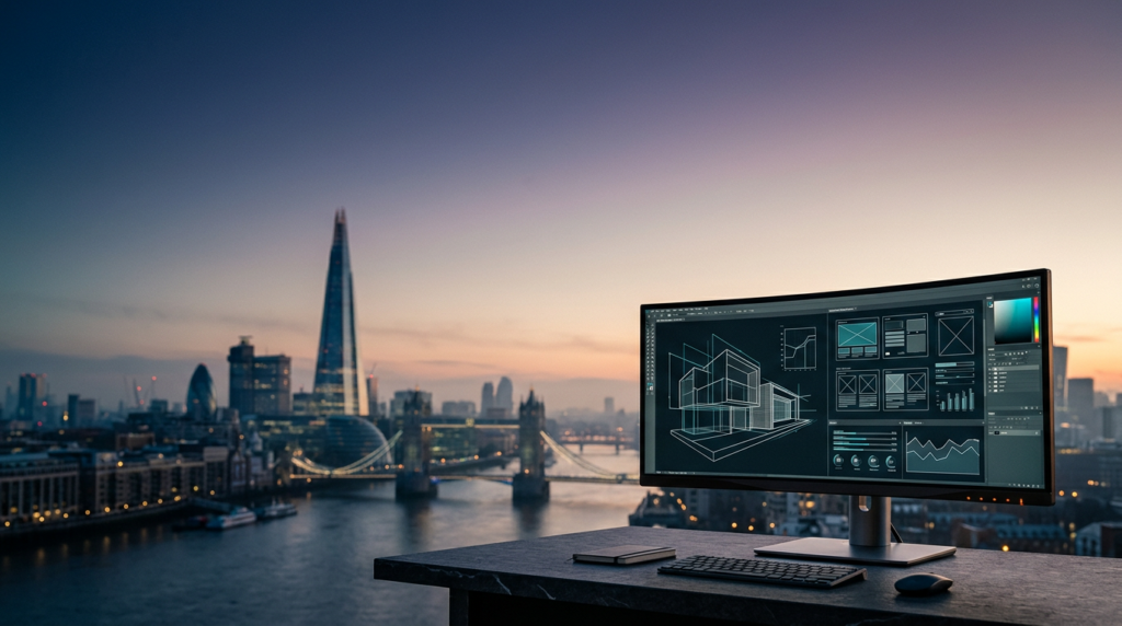 A wide-angle 16:9 cinematic shot of a sleek, modern ultra-wide curved professional monitor positioned in the lower-right foreground, displaying abstract, clean architectural vector wireframes and geometric UI layouts on its screen, set on a minimalist dark stone workstation surface. The background showcases a breathtaking twilight-to-daylight transition overlooking the London skyline, featuring the unmistakable silhouette of The Shard rising above the soft morning mist of the River Thames, with the distant texture of the city’s historic masonry and contemporary glass structures bathed in deep teal and soft cyan atmospheric light. The left and upper two-thirds of the frame consist of vast, uncluttered, moody sky transitioning from deep indigo to warm cream near the horizon, providing expansive negative space for text overlay. The lighting is natural and photographic, with warm cream morning sun catching the metallic edges of the monitor stand and the architectural highlights of the skyline, accented by subtle burnt orange status lights on the device. Photographed on an 85mm prime lens at f/2.0, the foreground monitor is in sharp, tactile focus while the iconic London horizon melts into a soft, professional bokeh. Zero humans, zero text, zero logos, no sci-fi elements, grounded hyper-realistic commercial editorial style.