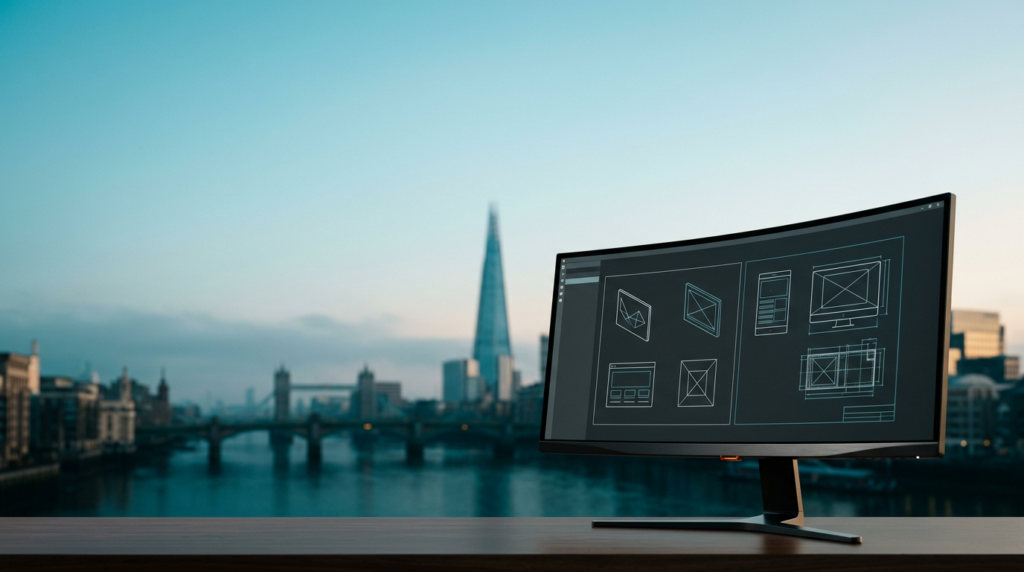 A wide-angle 16:9 cinematic shot captured on an 85mm prime lens at f/2.0, featuring a sleek, professional ultra-wide curved monitor positioned in the lower-right foreground, displaying abstract, clean architectural vector wireframes and geometric UI layouts. The device is crafted from brushed metallic gray aluminum with subtle burnt orange indicator LEDs. The background reveals a soft-focus, atmospheric twilight-to-daybreak view of the London skyline, featuring the unmistakable silhouette of The Shard rising above the deep teal reflections of the River Thames, with the distant, soft-blurred forms of iconic bridge architecture visible through a thin, morning marine layer. The left and upper two-thirds of the composition are comprised of vast, tranquil sky gradations transitioning from deep twilight teal to a soft, ethereal cyan, providing ample negative space for text. The lighting is characterized by warm cream highlights catching the edges of the distant stone and glass buildings, contrasting with the cool, deep teal shadows of the pre-dawn atmosphere. The entire scene is pristine, devoid of all humans, signage, logos, or text, rendered with hyper-realistic textures of cold concrete, smooth glass, and matte metallic hardware, maintaining a professional, high-end editorial aesthetic.