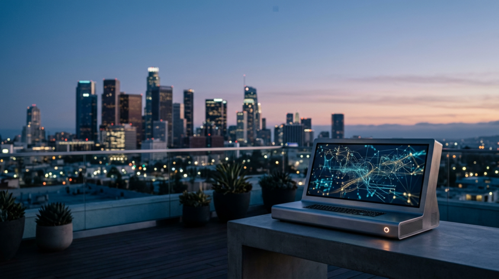 A high-end 16:9 cinematic architectural photograph shot on an 85mm lens at f/2.0, featuring a tranquil, unoccupied rooftop terrace at twilight transitioning into soft dawn, overlooking the iconic Los Angeles skyline with the silhouettes of the U.S. Bank Tower and the distinctive downtown high-rise geometry softening into a gentle, cool-toned bokeh across the left and center background. In the lower-right third of the frame, a sleek, brushed metallic workstation terminal sits on a minimalist concrete plinth, its high-resolution ultra-wide monitor displaying complex, non-textual abstract network nodal architectures and glowing vector data paths. The lighting is composed of a deep teal and cyan palette, with a warm cream sunlight gradient catching the edges of the downtown concrete towers and a subtle, discreet burnt orange light emanating from a hardware power indicator on the console. The composition features vast, uncluttered negative space across the upper left sky and horizon for copy, capturing the atmospheric marine layer of Southern California with sharp, tactile foreground focus on the metallic device, zero humans, zero text, zero logos, photorealistic professional aesthetic, no sci-fi elements.