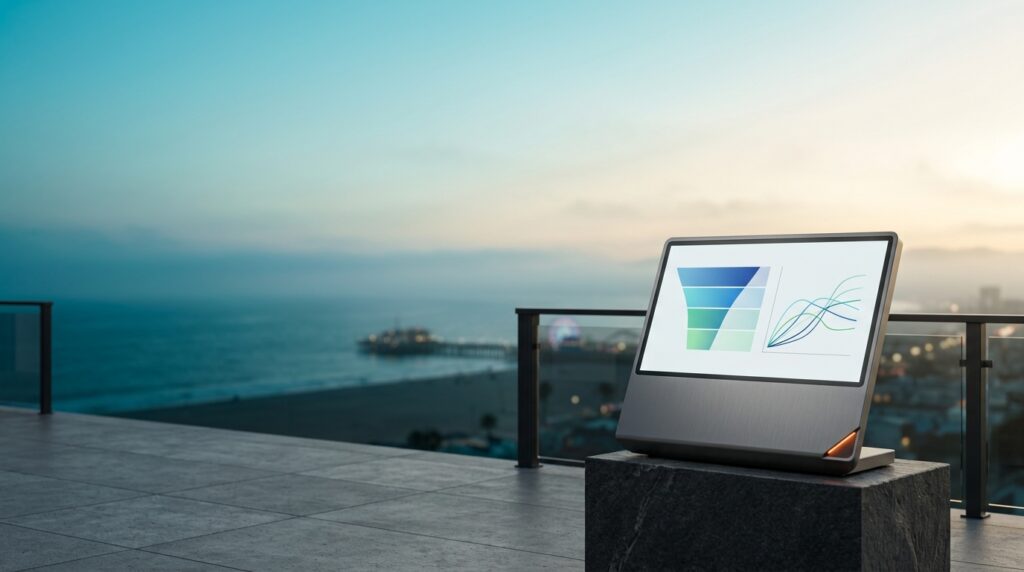 A cinematic 16:9 widescreen editorial photograph of an unoccupied modern architectural high-rise terrace in Los Angeles at dawn twilight. In the soft-focus distance, the coastal Pacific horizon and distant Santa Monica Pier extend with gentle marine mist, leaving the left two-thirds spacious and open. In the lower-right third sits a sleek brushed metallic growth analytics workstation terminal showing abstract non-textual acquisition funnels and velocity curves with a discreet burnt orange accent light.