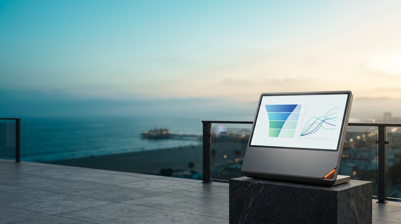 A cinematic 16:9 widescreen editorial photograph of an unoccupied modern architectural high-rise terrace in Los Angeles at dawn twilight. In the soft-focus distance, the coastal Pacific horizon and distant Santa Monica Pier extend with gentle marine mist, leaving the left two-thirds spacious and open. In the lower-right third sits a sleek brushed metallic growth analytics workstation terminal showing abstract non-textual acquisition funnels and velocity curves with a discreet burnt orange accent light.