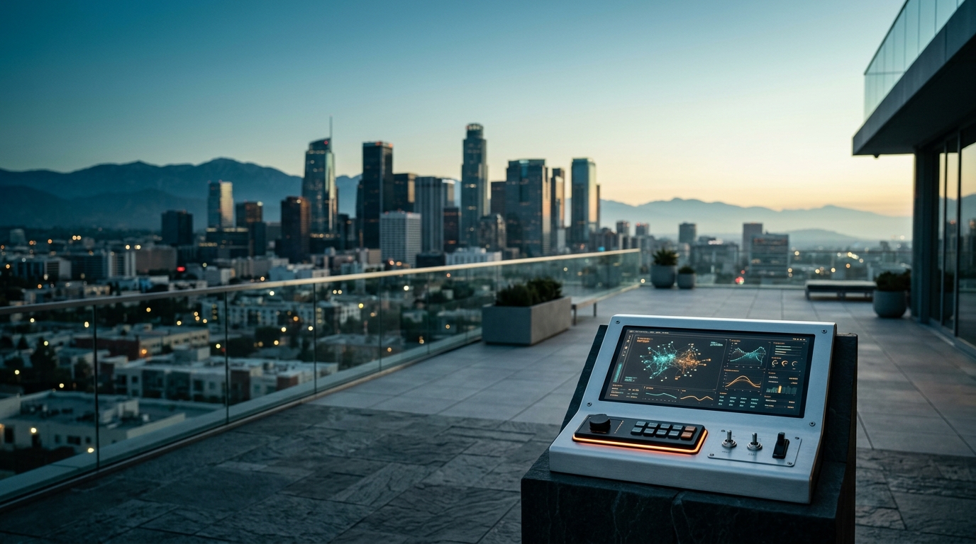 A cinematic 16:9 widescreen editorial photograph of an unoccupied modern architectural rooftop terrace overlooking the Los Angeles skyline at dawn twilight. In the soft-focus distance, the Downtown Los Angeles high-rises and mountain horizon extend with natural photographic bokeh, leaving the left two-thirds spacious and open in deep teal and cyan. In the lower-right third sits a sleek brushed metallic search telemetry console showing clean abstract non-textual vector node clusters and indexing curves with a discreet burnt orange power indicator bevel.