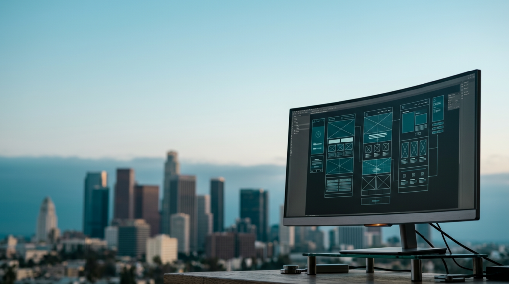 85mm prime lens f/2.0 wide angle shot, 16:9 aspect ratio, a high-end ultra-wide curved workstation monitor positioned exclusively in the lower-right third of the frame displaying intricate, non-textual abstract web design wireframes and vector path blueprints, the monitor hardware features brushed metallic gray finishes with a subtle burnt orange indicator light, the foreground is in sharp tactile focus, the background features a soft photographic bokeh of the iconic Los Angeles skyline at twilight transitioning into soft morning daylight with the distinct silhouette of the U.S. Bank Tower and surrounding downtown high-rises reflecting deep teal and warm cream light, expansive and uncluttered negative space across the left and upper sections of the frame composed of a clear, serene horizon and gentle atmospheric marine layer, color palette utilizing deep teal #116F76 shadows and glass reflections, soft cyan #C1E3E6 atmospheric haze, warm cream #FFF4CE architectural highlights, and durable brushed metallic gray #E6E6E6 textures, ground-level perspective, photorealistic commercial editorial photography, no humans, no text, no logos, no signage, grounded realism, no sci-fi elements.