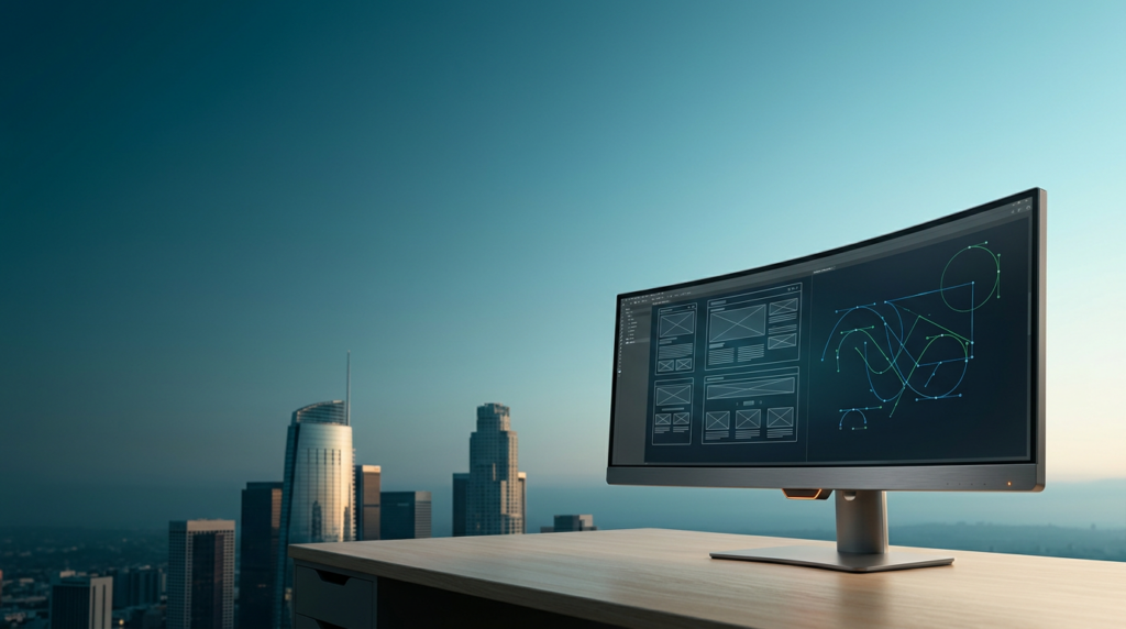 A wide-angle 16:9 cinematic shot captured on an 85mm prime lens at f/2.0, featuring a sleek, ultra-wide curved workstation monitor placed in the lower-right foreground, displaying intricate, non-textual abstract UI wireframes and glowing vector path diagrams, the device finished in brushed metallic gray with a subtle burnt orange power indicator light, the foreground focus is tactile and razor-sharp, the background environment seamlessly transitions from the deep teal shadows of twilight to the soft cyan glow of early morning, revealing the iconic Los Angeles skyline with the subtle, unmistakable silhouettes of the Wilshire Grand Center and the U.S. Bank Tower set against an expansive, clear sky, the left two-thirds of the frame remain wide, open, and uncluttered with a soft, atmospheric marine layer bokeh that provides ample negative space for text, color palette dominated by deep teal #116F76, soft cyan #C1E3E6, and warm cream #FFF4CE highlights catching the architectural edges of the distant downtown buildings, zero humans, zero text, zero logos, photorealistic editorial architectural photography, clean, grounded, and professional.