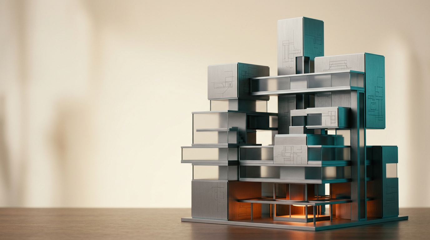 A cinematic, eye-level studio photograph of a complex, modular architectural model representing a unified digital ecosystem, positioned in the right third of the frame. The central structure consists of clean, interconnected geometric volumes crafted from brushed neutral metallic gray aluminum and satin-finished glass, with subtle, non-readable architectural schematics lightly etched into the surfaces. A single, purposeful focal point at the base features a controlled, warm burnt orange accent light, while soft cyan and deep teal rim lighting provide precise definition to the structural transitions against a clean, softly lit, warm cream background. The left two-fifths of the frame remain as uncluttered negative space with a soft, natural depth of field to provide ample room for website copy. The lighting is crisp, professional, and diffused, emphasizing the high-quality materials and precise, stable construction. 85mm prime lens, photorealistic, cinematic photography, 8K resolution, realistic material textures, physically accurate shadows, no human figures, no text or signage, generated by nanobanana pro --ar 16:9