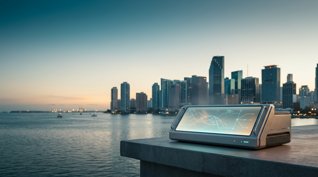 A high-end 85mm architectural editorial photograph of a sleek, brushed metallic modular AI processing terminal positioned in the lower-right third of the frame, its ultra-wide glass display illuminated with soft, glowing abstract neural network vector paths and minimal geometric line diagrams, the foreground device resting on a clean concrete plinth overlooking a tranquil, expansive dusk-to-dawn transition scene of the Miami skyline, the iconic silhouette of the Freedom Tower and the modern glass high-rises of Downtown Miami rising through a soft, humid coastal marine layer in the mid-ground, the left and upper two-thirds of the frame featuring open, uncluttered twilight sky transitioning from deep teal to a pale cream horizon, soft bokeh reflections of amber harbor lights glinting on the terminal's metallic edges, a color palette of deep teal shadows, soft cyan atmospheric haze, and warm cream highlights catching the architectural angles, captured at f/2.0 for cinematic depth of field, sharp tactile focus on the terminal hardware, completely devoid of humans or text, grounded realism, commercial photographic aesthetic.