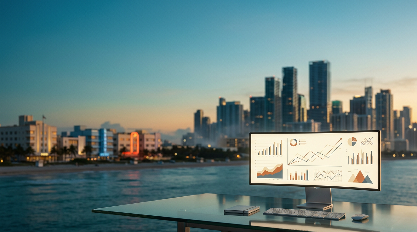 A wide-angle 16:9 cinematic shot captured on an 85mm lens at f/2.0 featuring the Miami skyline at the blue hour transition into dawn, with the iconic Art Deco architectural silhouettes and distant high-rise glass towers softly blurred in the background against a serene sky of deep teal and soft cyan gradations. In the lower-right third of the frame, a sleek, brushed metallic marketing analytics workstation sits on a polished glass surface, its ultra-wide curved display showing clean, abstract, minimalist data visualization charts and non-textual growth trajectory vector lines in soft cream and burnt orange highlights. The left two-thirds of the composition is dominated by an expansive, uncluttered view of the Miami coastal horizon under a vast, open twilight sky, providing ample negative space for text. The lighting is natural and atmospheric, with warm cream morning light catching the edges of the distant buildings and reflecting off the metallic hardware. The entire scene is professional, unoccupied, and completely devoid of human presence, text, logos, or neon signage, rendered with the crisp, realistic textures of high-end architectural photography, maintaining a cohesive palette of deep teal shadows and delicate atmospheric haze.