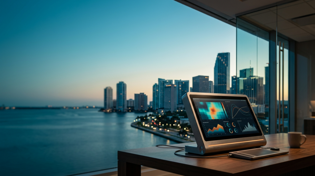 A professional architectural photography shot of a sleek, high-end analytics terminal positioned in the lower-right third of the frame, the device featuring a brushed metallic chassis with a subtle glowing burnt orange indicator light and a high-resolution display showing abstract, non-textual data visualization heatmaps and vector performance curves. The foreground hardware is in sharp, tactile focus, while the background reveals an expansive, uncluttered twilight cityscape of Miami, Florida, characterized by the unmistakable clean, rhythmic silhouettes of Art Deco-inspired high-rises and the soft glow of the Biscayne Bay horizon line. The composition utilizes the left and upper two-thirds for vast, tranquil negative space featuring a smooth gradient of deep teal transitioning into a soft cyan marine layer. The lighting captures the moment of pre-dawn transition, with warm cream sunlight catching the edges of the distant limestone and glass structures. The atmosphere is quiet and professional, shot on an 85mm lens at f/2.0, with a shallow depth of field rendering the distant coastal horizon in a soft, atmospheric bokeh, entirely devoid of humans, text, signage, or logos, emphasizing a clean, corporate, and high-performance aesthetic.