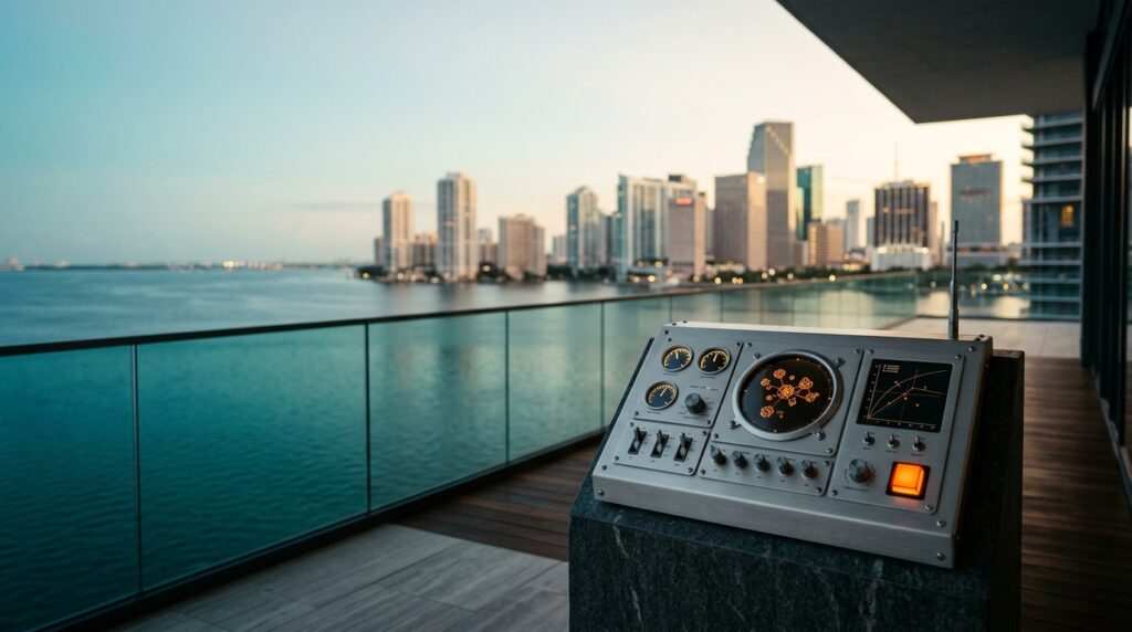 A cinematic 16:9 widescreen editorial photograph of an unoccupied modern architectural high-rise terrace overlooking Biscayne Bay and the Brickell skyline in Miami at dawn twilight. In the soft-focus distance, the Brickell waterfront towers extend across the calm bay with natural bokeh, leaving the left two-thirds spacious and open. In the lower-right third sits a sleek brushed metallic search telemetry console showing clean abstract node clusters and vector indexing curves with a warm orange indicator button.