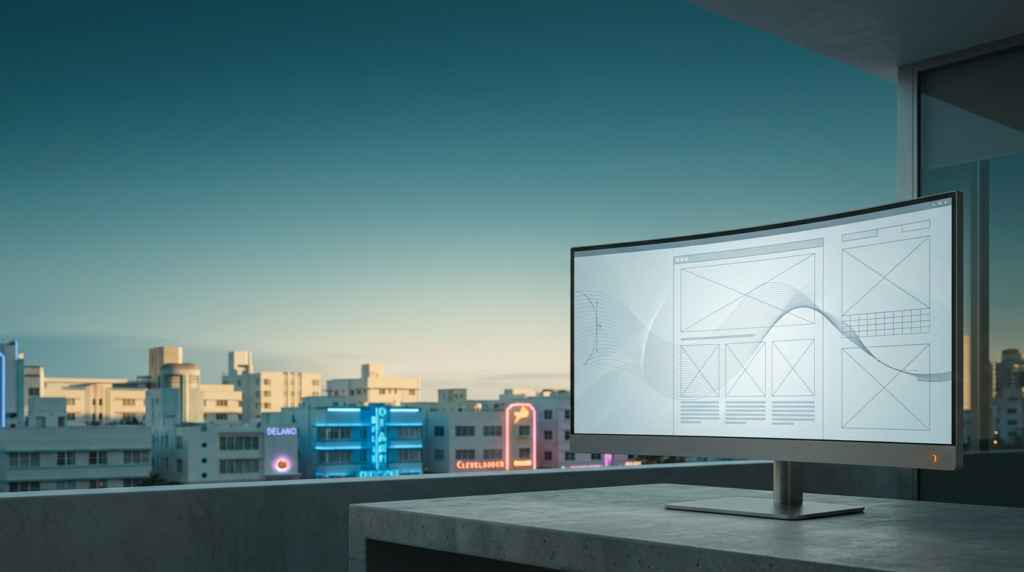 Wide-angle 16:9 cinematic shot captured on an 85mm prime lens at f/2.0, featuring the iconic Art Deco neon-tinted skyline and distinct geometric silhouettes of Miami Beach architecture as the soft-focus backdrop under a tranquil twilight-to-dawn transition sky, the left two-thirds of the frame dedicated to expansive, uncluttered negative space of deep teal atmospheric gradients and soft cyan coastal haze, in the lower-right third a high-end ultra-wide curved workstation monitor resting on a minimalist concrete surface, the monitor displaying abstract, non-textual web design wireframes and intricate vector path diagrams in cool white tones, the hardware featuring brushed metallic gray finishes with a single subtle burnt orange power indicator light, the overall color palette harmonizing deep teal shadows, soft cyan haze, and warm cream morning sunlight catching the distant architectural edges, photorealistic commercial editorial style, zero humans, zero text, zero logos, no futuristic sci-fi elements, grounded professional aesthetic.