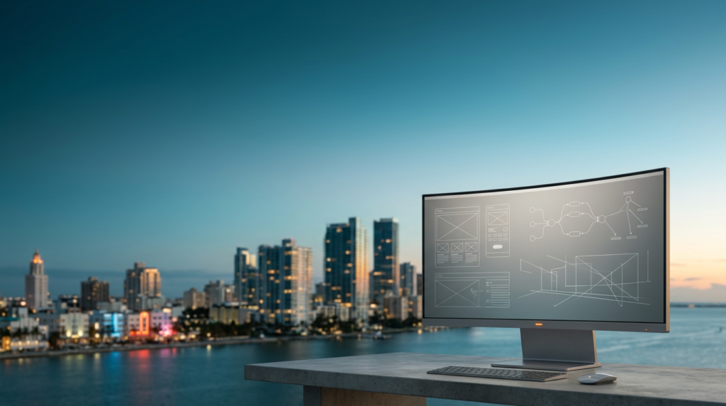 A high-end 16:9 editorial architectural photograph captured on an 85mm prime lens at f/2.0, focusing on the Miami skyline at the magical transition from twilight to early dawn, the iconic Art Deco silhouettes and modern glass towers of downtown Miami rising across the mid-ground with a soft, natural photographic bokeh, the left and upper two-thirds of the frame dedicated to expansive, uncluttered space featuring a pale, atmospheric gradient of deep teal transitioning into a soft cyan marine layer, in the lower-right third of the frame sits a sleek, professional-grade ultra-wide curved workstation monitor resting on a minimalist concrete desk, the screen displaying sophisticated, non-textual abstract UI wireframes and glowing vector path nodes in subtle white and light gray, the hardware finished in brushed metallic gray with a single discreet burnt orange LED indicator light, lighting is a cohesive blend of ambient coastal morning glow and the warm cream highlights of sunrise catching the edges of the Miami architectural horizon, zero humans, zero text, zero signage, grounded realism, cinematic depth of field, sharp tactile focus on the foreground monitor against a tranquil, tranquil and spacious urban background.