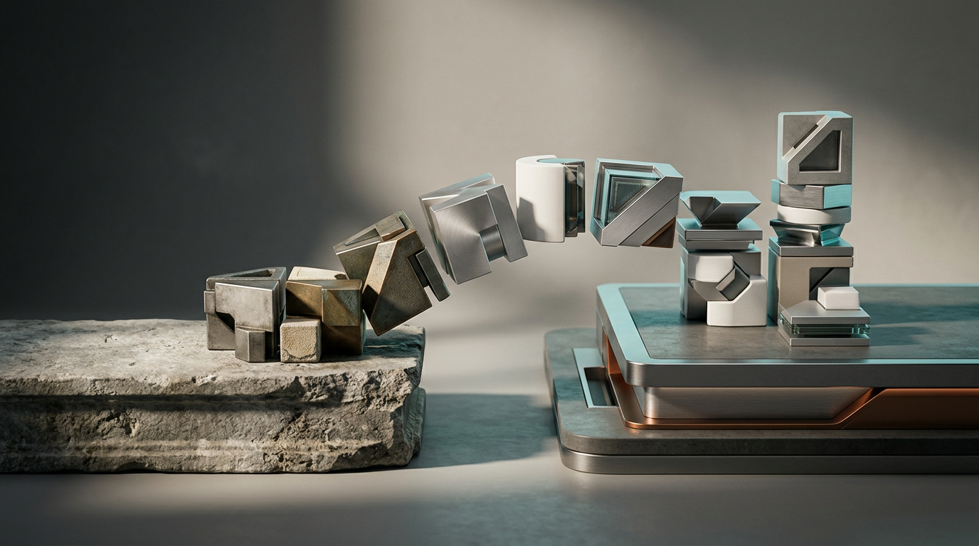 A high-end, conceptual studio scene representing digital migration through the elegant, orderly transition of geometric architectural modules from a weathered, legacy-style stone plinth to a sleek, polished contemporary platform, the primary subject positioned in the right third of the frame, the left third providing clean, uncluttered negative space against a soft, neutral studio backdrop, the scene illuminated by soft-focus warm cream daylight with subtle cyan and teal ambient rim-lighting highlighting the clean edges of the modules, a single, restrained warm burnt-orange accent light catching a refined structural detail on the new platform, all materials showing believable physical textures like satin-finished metal and matte stone, cinematic photography using an 85mm prime lens to achieve a shallow depth of field, sharp, controlled lighting with physically accurate shadows, avoiding all human figures, illegible text, screens, holograms, or generic tech-clutter, photorealistic, premium, minimalist composition, 8K resolution, generated by nanobanana pro --ar 16:9