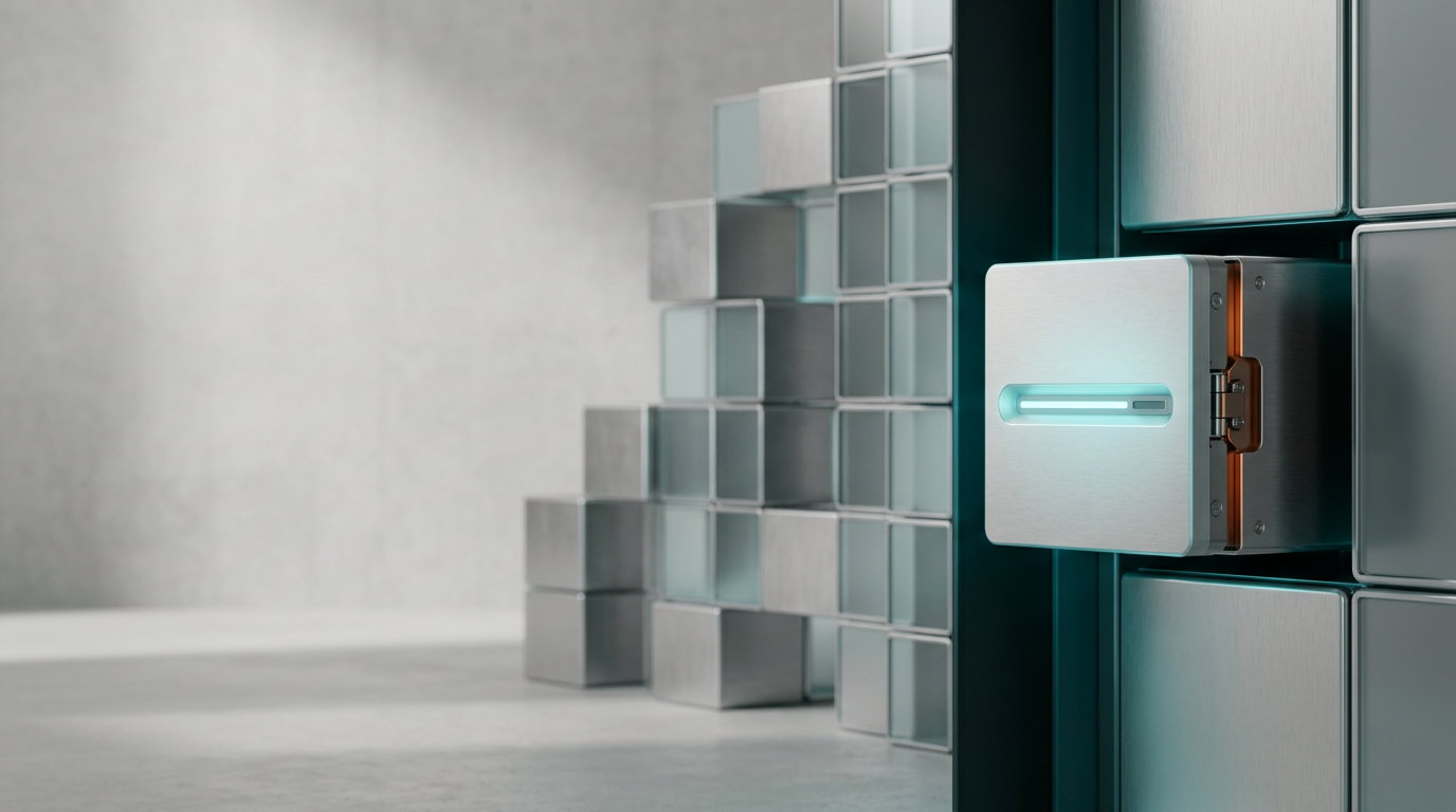 A sophisticated, high-end studio scene focused on an intricate, physical representation of data structures, featuring a meticulously organized central installation of modular, brushed-metal and satin-finish glass blocks arranged in a cascading, orderly grid. The primary subject is a singular, precision-engineered server node with a soft, cyan-tinted light emitting from a recessed linear sensor, positioned in the right third of the frame to establish a sense of technical rigor and equilibrium. The left two-fifths of the frame consists of a clean, softly illuminated concrete backdrop with gentle, neutral shadows, providing substantial negative space for copy. A single, restrained accent of warm burnt orange light subtly highlights a mechanical hinge on the primary device, while deep teal ambient rim lighting defines the edges of the central structure against the professional, neutral environment. Photographed with an 85mm prime lens for shallow depth of field, the image features crisp, cinematic lighting, realistic material textures, and a calm, optimistic, and highly professional atmosphere. The scene excludes all humans, legible text, symbols, signage, holograms, neon grids, and decorative interface elements. This premium, photorealistic composition is generated by nanobanana pro --ar 16:9