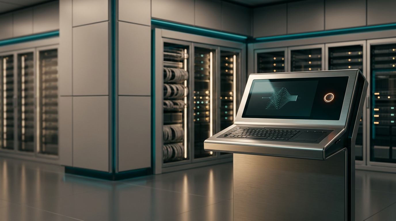 A premium, cinematic wide-angle shot of a meticulously organized, high-end server room interior designed with architectural precision, featuring a single, sleek, brushed-metallic data management console placed in the right third of the frame. The console surface displays only a subtle, non-readable geometric visualization in soft cyan on a dark glass interface, representing data flow, with a single, precisely controlled warm burnt orange accent light on a small, recessed indicator button. The room features high-quality, neutral gray modular paneling with deep teal ambient rim lighting tracing the architectural edges. The left two-fifths of the frame consists of clean, softly lit, out-of-focus floor-to-ceiling server racks, providing professional and uncluttered negative space for website copy. The lighting is balanced and atmospheric, characterized by soft, warm cream illumination reflecting off the metallic surfaces. The scene is shot with a 50mm lens, ensuring natural depth of field, sharp focus on the central management console, and a calm, sophisticated, and professional aesthetic, photorealistic, 8K resolution, cinematic lighting, realistic materials, no human figures, no legible text, no signage, no holograms, generated by nanobanana pro --ar 16:9