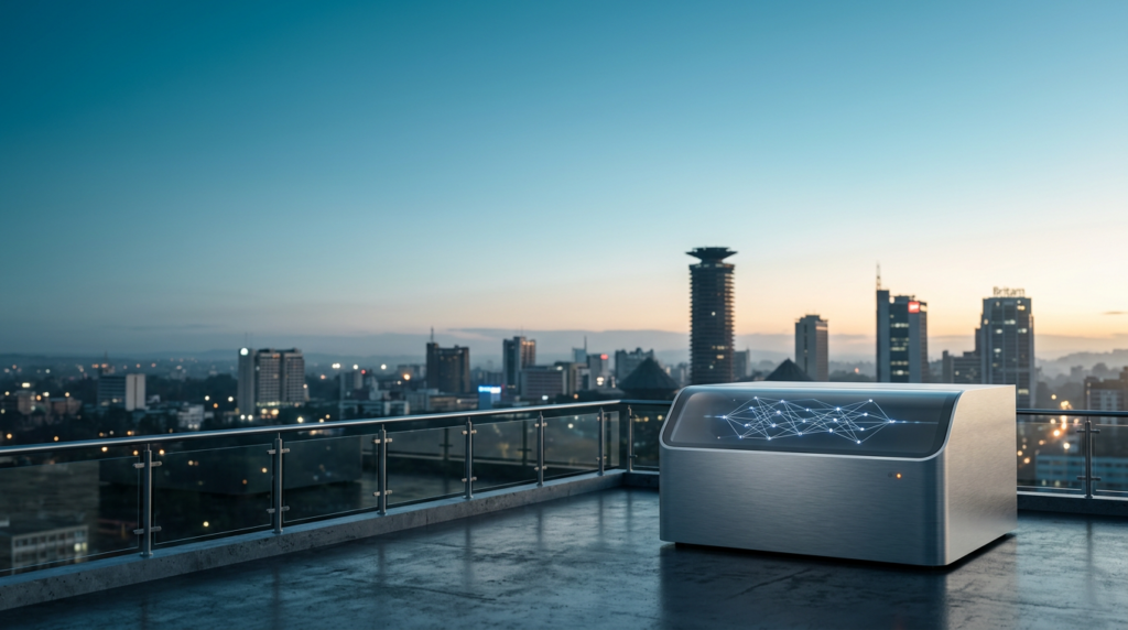 A high-end 16:9 editorial architectural photograph of a sleek, minimalist brushed-aluminum server terminal placed in the lower-right third of the frame, its curved display softly glowing with abstract blue and white neural network vector pathways, set on a polished concrete balcony overlooking the Nairobi skyline at the transition of twilight to dawn, the iconic Kenyatta International Convention Centre silhouette and the distinct horizon of the Nairobi central business district rising in the soft-focus distance, the scene bathed in a palette of deep teal shadows and soft cyan atmospheric haze, warm cream sunlight catching the edges of the city architecture and the subtle burnt orange indicator light on the device chassis, the left and upper two-thirds of the frame featuring an expansive, clear twilight sky and tranquil architectural negative space for copy, shot on an 85mm prime lens at f/2.0, hyper-realistic textures, absolute zero humans, zero text, zero logos, no futuristic sci-fi elements, grounded professional commercial aesthetic.