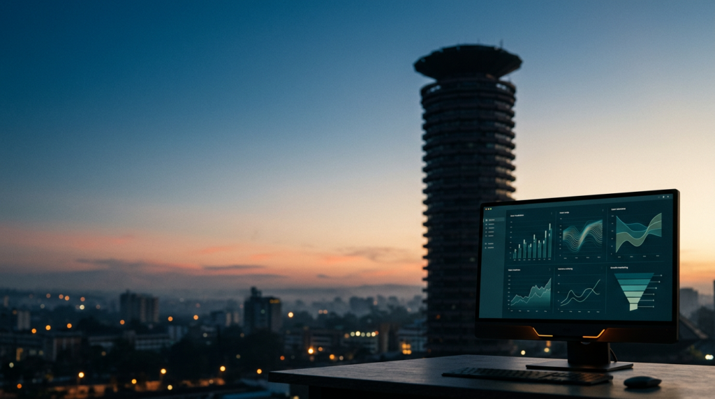A 16:9 cinematic wide shot captured on an 85mm prime lens at f/2.0 featuring the iconic silhouette of the Kenyatta International Convention Centre tower rising against a serene Nairobi twilight sky transitioning into a soft dawn glow, the composition prioritizes vast open space across the left and upper thirds with a clean expanse of Nairobi's high-altitude atmospheric haze, in the lower-right foreground sits a sleek, professional analytical workstation monitor displaying abstract data visualization graphs, intricate heat-map vector paths, and minimal growth-marketing funnel diagrams in crisp detail, the color palette is anchored in deep teal shadows and soft cyan atmospheric gradients, accented by warm cream sunlight catching the angular concrete edges of the landmark and subtle burnt orange indicator lights on the device, professional architectural photography, hyper-realistic textures of stone and brushed metallic hardware, zero humans, no text, no branding, no logos, focus locked on the workstation with a soft professional bokeh on the city skyline.