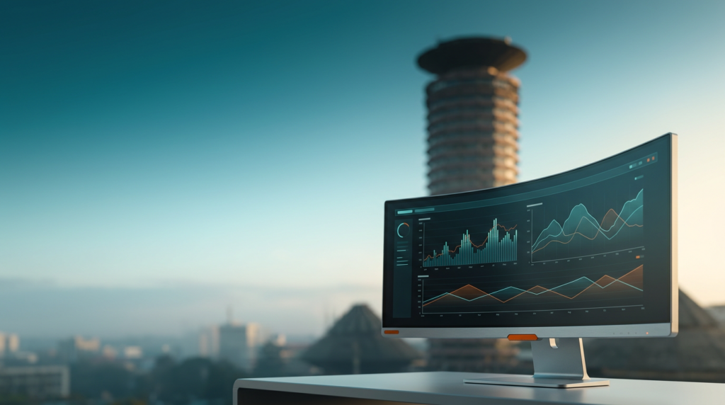 Highly detailed, photorealistic 16:9 widescreen photograph shot on an 85mm prime lens at f/2.0. In the sharp, tactile foreground focus, exclusively in the lower-right third of the frame, sits a sleek, ultra-wide curved display monitor on a minimalist stand. The monitor's screen displays abstract, non-textual UI elements: complex analytical telemetry graphs and line diagrams illustrating data trends, rendered in shades of teal, cyan, and burnt orange against a dark background. The device itself is constructed from durable Brushed Metallic Gray #E6E6E6, with discreet Burnt Orange #E06719 indicator lights and pristine glass surfaces. In the softly blurred background, extending across the center and left distance, is the iconic, unmissable architectural silhouette of the Kenyatta International Convention Centre (KICC) Tower in Nairobi, Kenya, with its distinctive cylindrical structure and helipad, immediately establishing the location. The scene captures the moment of twilight transitioning into daylight, with a deep teal sky (#116F76) gradient transitioning into a soft cyan horizon (#C1E3E6) with atmospheric haze. Warm cream light (#FFF4CE) catches the upper edges of the KICC Tower, while the foreground device's subtle highlights are from the ambient light. The entire left two-thirds and upper sections of the frame are expansive, uncluttered negative space, composed of open sky and distant, softly blurred cityscape. The environment is completely devoid of humans, text, or logos. Lighting, atmospheric scale, and perspective are consistent with high-end commercial editorial architectural photography, maintaining grounded realism without any surreal elements.