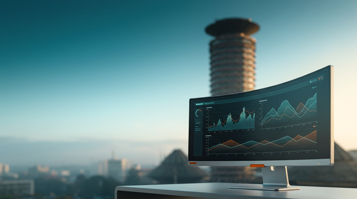 Highly detailed, photorealistic 16:9 widescreen photograph shot on an 85mm prime lens at f/2.0. In the sharp, tactile foreground focus, exclusively in the lower-right third of the frame, sits a sleek, ultra-wide curved display monitor on a minimalist stand. The monitor's screen displays abstract, non-textual UI elements: complex analytical telemetry graphs and line diagrams illustrating data trends, rendered in shades of teal, cyan, and burnt orange against a dark background. The device itself is constructed from durable Brushed Metallic Gray #E6E6E6, with discreet Burnt Orange #E06719 indicator lights and pristine glass surfaces. In the softly blurred background, extending across the center and left distance, is the iconic, unmissable architectural silhouette of the Kenyatta International Convention Centre (KICC) Tower in Nairobi, Kenya, with its distinctive cylindrical structure and helipad, immediately establishing the location. The scene captures the moment of twilight transitioning into daylight, with a deep teal sky (#116F76) gradient transitioning into a soft cyan horizon (#C1E3E6) with atmospheric haze. Warm cream light (#FFF4CE) catches the upper edges of the KICC Tower, while the foreground device's subtle highlights are from the ambient light. The entire left two-thirds and upper sections of the frame are expansive, uncluttered negative space, composed of open sky and distant, softly blurred cityscape. The environment is completely devoid of humans, text, or logos. Lighting, atmospheric scale, and perspective are consistent with high-end commercial editorial architectural photography, maintaining grounded realism without any surreal elements.