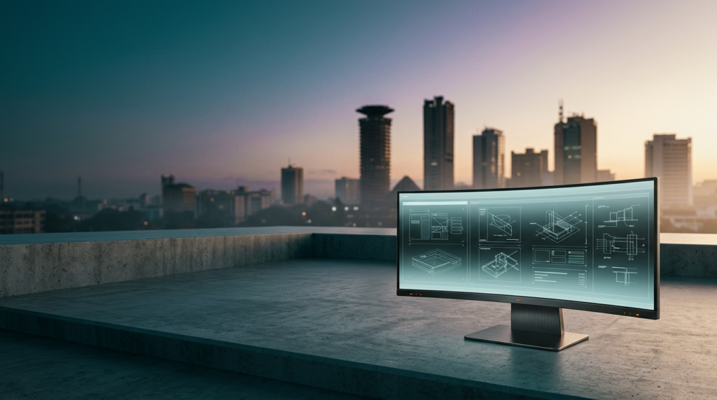 A wide-angle 16:9 cinematic shot captured on an 85mm lens at f/2.0 featuring a pristine, high-end ultra-wide curved workstation monitor positioned in the sharp, tactile foreground of the lower-right third of the frame, the screen displaying glowing non-textual abstract UI wireframes and sophisticated vector architecture with delicate line diagrams in subtle cyan hues. The background seamlessly transitions from a deep teal twilight sky to the warm cream glow of early morning, revealing the iconic, unmistakable silhouette of the KICC tower and the surrounding modern high-rise skyline of downtown Nairobi through a soft, atmospheric coastal-like morning haze. The left two-thirds of the composition consist of vast, uncluttered negative space featuring a tranquil, minimalist architectural terrace with polished concrete textures, providing perfect room for text overlays. The scene is lit with a cohesive color palette of deep teal shadows, soft cyan atmospheric depth, warm cream highlights catching the edges of the Nairobi skyline, and discreet burnt orange indicator lights on the monitor bevel. Brushed metallic gray hardware accents, pristine glass surfaces, and authentic African urban textures, zero humans, zero text, zero logos, photorealistic editorial architectural photography, cinematic depth of field with the background landscape in soft, natural bokeh.