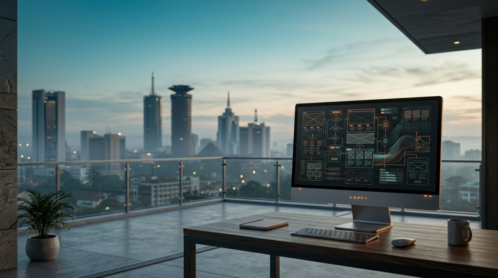 A high-end cinematic wide-angle 16:9 shot captured on an 85mm prime lens at f/2.0 featuring a sleek, professional workstation monitor placed firmly in the lower-right third of the frame, its screen displaying sophisticated, non-textual abstract web design wireframes and flowing vector geometry, the hardware finished in brushed metallic gray with subtle burnt orange indicator accents. The foreground is positioned on a modern, minimalist terrace overlooking the Nairobi skyline at the transition of twilight to dawn, with the iconic silhouette of the KICC tower and the distinct architectural forms of the central business district rising through a soft, atmospheric morning haze. The background is a masterclass in clean, uncluttered negative space, featuring the pale, expansive Nairobi sky transitioning from deep teal to soft cyan and warm cream hues, the city architecture rendered with a natural photographic bokeh that maintains geographic authenticity without distracting from the foreground. The lighting is soft and directional, catching the edges of local stone and glass textures, creating a tranquil and professional atmosphere; the scene is completely devoid of humans, signage, logos, text, or futuristic fantasy elements, prioritizing grounded, editorial architectural realism with a cohesive color palette of deep teal shadows, cyan-tinted atmospheric haze, and warm cream highlights.