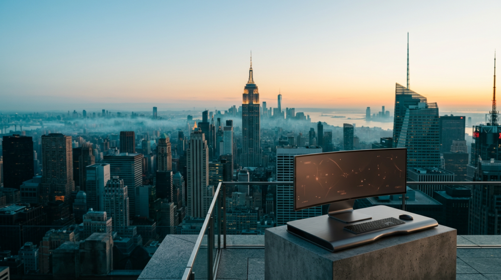 A wide-angle cinematic shot captured on an 85mm prime lens at f/2.0, featuring a sleek, high-end brushed metallic workstation terminal positioned in the lower-right foreground, its ultra-wide screen displaying subtle, non-textual abstract data flow lines and glowing vector nodes in soft burnt orange, the device sits on a minimalist concrete plinth overlooking a sprawling, photorealistic twilight view of the New York City skyline as the morning sun begins to catch the edges of the Empire State Building and the surrounding midtown architectural grid, deep teal shadows stretch across the scene while a soft cyan marine layer drifts through the gaps between skyscrapers, the left two-thirds of the frame consists of an expansive, uncluttered twilight sky and distant soft-focus building silhouettes providing generous negative space for typography, lighting transitions from deep teal to a warm cream horizon glow, the scene is completely devoid of humans and text, capturing the professional stillness of a high-tech consultancy office terrace, authentic NYC materiality with granite, steel, and glass textures, high-end commercial architectural photography, no logos, no signage, pristine detail, 16:9 aspect ratio.