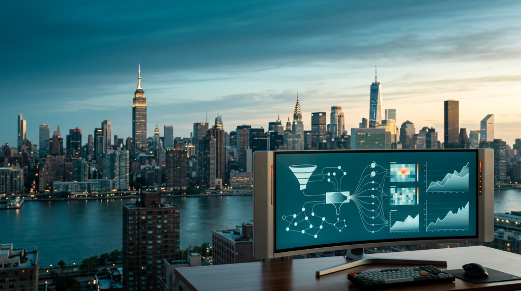 A wide-angle, highly detailed photorealistic 16:9 image, shot on an 85mm prime lens at f/2.0, depicting an expansive New York City twilight transitioning into early daylight. In the sharp, tactile foreground, locked strictly into the lower-right third of the frame, sits a sleek, ultra-wide curved workstation monitor. Its durable brushed metallic gray #E6E6E6 enclosure reflects the deep teal #116F76 hues of the approaching night sky. The pristine glass screen displays a non-textual, abstract real-time growth marketing dashboard with interconnected data flow lines, minimalist funnel diagrams, and subtle upward-trending line graphs, rendered in soft cyan #C1E3E6 against a deep teal #116F76 background. Discreet burnt orange #E06719 indicator lights softly glow along its hardware bevels. The left two-thirds and upper sections of the frame remain expansive and uncluttered. In the mid-distance, across the center and left, the iconic silhouette of the New York City skyline, featuring recognizable architectural structures like the Empire State Building and Chrysler Building, extends with a natural, soft photographic bokeh. These glass and stone high-rises catch the first warm cream #FFF4CE sunlight on their eastern facades, while their western sides remain in the deep teal #116F76 shadows. A soft cyan #C1E3E6 atmospheric haze gently settles above the distant horizon, where the sky transitions from deep teal #116F76 at its zenith to a blend of soft cyan #C1E3E6 and warm cream #FFF4CE. Below the skyline, a hint of the Hudson River reflects the deep teal #116F76 sky. The environment is completely unoccupied; zero humans, no legible text, logos, or numbers anywhere. The lighting, atmospheric scale, and perspective are consistent with high-end commercial editorial architectural photography.