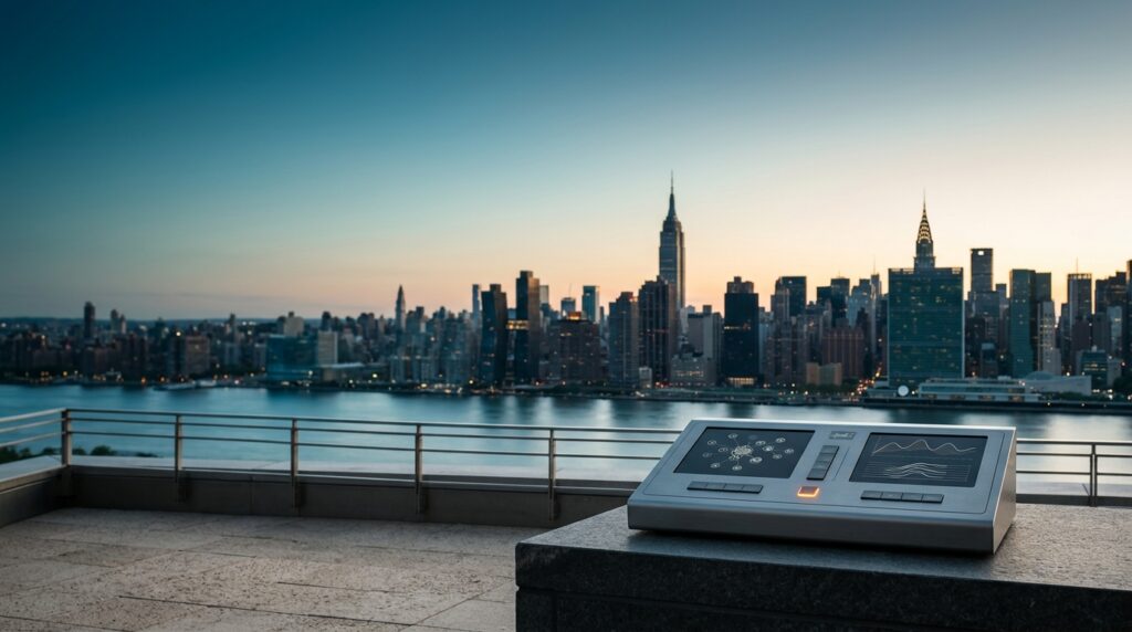 A cinematic 16:9 widescreen editorial photograph of an unoccupied modern architectural high-rise terrace overlooking the Manhattan skyline in New York City at dawn twilight transitioning into soft morning daylight. The soft-focus center and left distance features the Empire State Building and Chrysler Building rise with natural photographic bokeh, leaving the left two-thirds of the frame spacious, uncluttered, and open with smooth gradient atmospheric sky transitioning from deep teal #116F76 river reflections and shadows to soft cyan #C1E3E6 horizon glow and warm cream #FFF4CE sunlight. In sharp foreground focus locked in the lower-right third sits a sleek brushed metallic gray #E6E6E6 search telemetry console on a dark stone plinth showing clean abstract non-textual node clusters and vector indexing waves with a discreet burnt orange #E06719 indicator light. Zero humans, zero text, zero typography, zero brand logos.