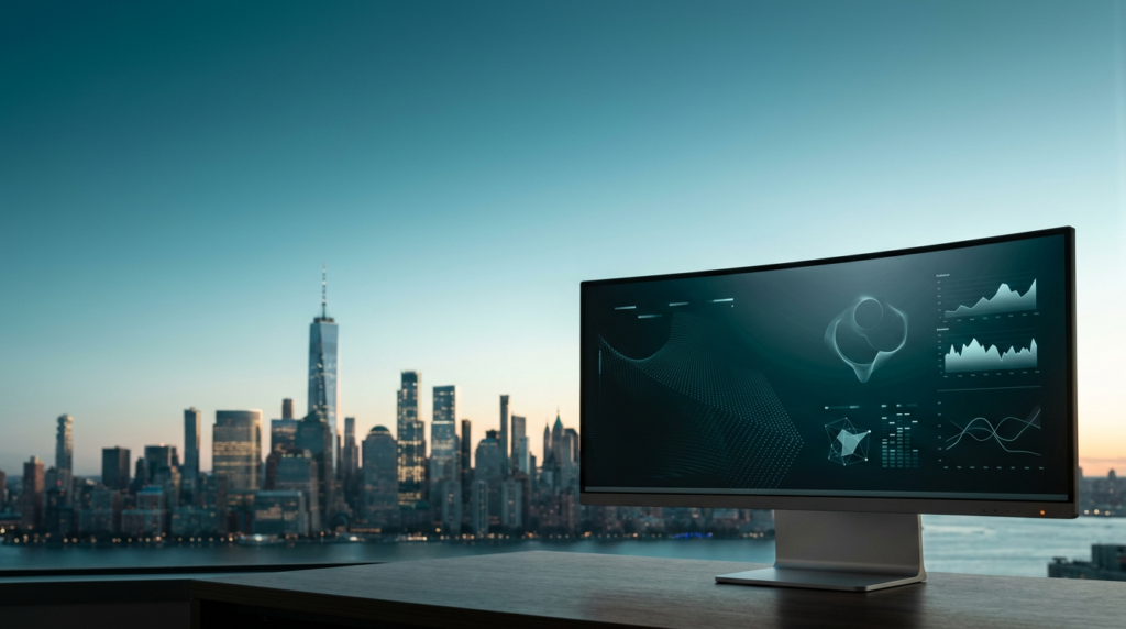 Highly detailed, photorealistic 16:9 widescreen shot on an 85mm prime lens at f/2.0, depicting an optimistic twilight transitioning into dawn over New York City. In the sharp, tactile foreground, locked strictly into the lower-right third of the frame, sits a sleek, ultra-wide curved monitor on a durable brushed metallic gray #E6E6E6 stand. Its pristine glass surface displays abstract, non-textual real-time performance graphs, data analytics visualizations, and geometric vector patterns in deep teal #116F76 and soft cyan #C1E3E6, with a subtle burnt orange #E06719 power indicator light. The left and upper two-thirds of the frame present expansive, uncluttered negative space, transitioning from a deep teal #116F76 night sky to a soft cyan #C1E3E6 atmospheric haze. In the soft photographic bokeh of the center and left distance, the unmistakable, towering silhouette of the Manhattan skyline, including iconic high-rises, rises against the glowing horizon, touched by warm cream #FFF4CE first light catching building edges. The scene is completely unoccupied, devoid of any humans, crowds, or reflections of people. No legible words, company names, city signage, street signs, numbers, or brand logos are present anywhere. The lighting, atmospheric scale, and perspective evoke high-end commercial editorial architectural photography, with authentic concrete and glass textures.