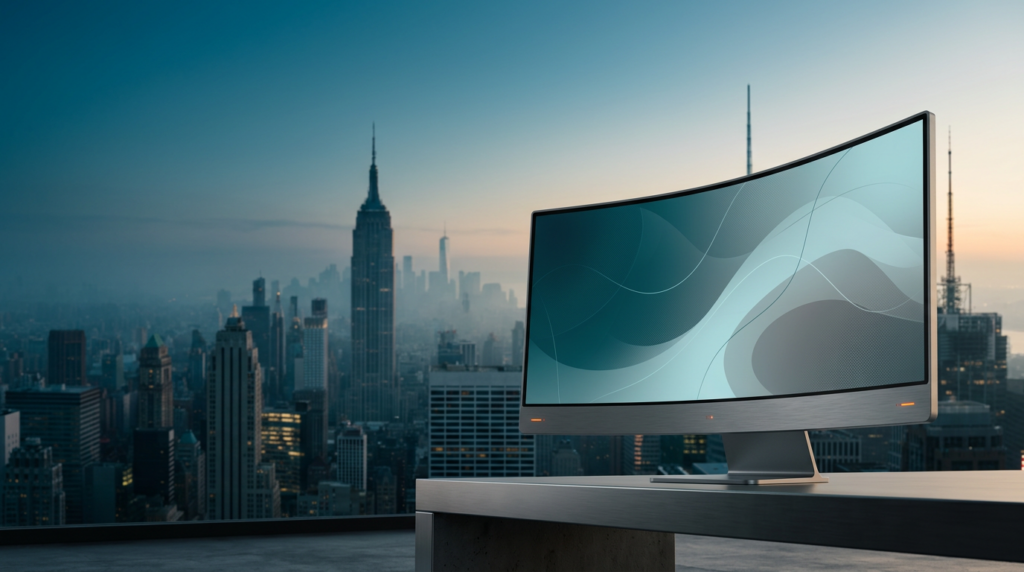 A wide-angle 16:9 cinematic shot captured on an 85mm prime lens at f/2.0, featuring a sleek, ultra-wide curved workstation monitor positioned in the lower-right third of the frame, its screen displaying sophisticated, non-textual abstract UI wireframes and fluid vector paths in soft gradients. The foreground hardware is crafted from brushed metallic gray aluminum with subtle burnt orange indicator lights, resting on a clean, minimalist architectural surface. The background stretches across the left two-thirds of the image, showcasing the iconic, unmistakable silhouette of the New York City skyline at the transition of twilight into early dawn, with the Chrysler Building and Empire State Building rising through a soft, atmospheric marine-layer haze. The color palette is dominated by deep teal shadows and glass reflections, transitioning into soft cyan atmospheric mist, with warm cream morning light catching the stone and steel textures of the distant skyscrapers. The composition is strictly unoccupied, featuring expansive, uncluttered negative space in the sky and dark building silhouettes on the left for text overlay. The lighting is naturalistic and editorial, characterized by soft, diffused morning clarity, with deep teal #116F76, soft cyan #C1E3E6, and warm cream #FFF4CE tones, avoiding all signage, logos, text, and human presence to maintain a professional, grounded, high-end commercial aesthetic.