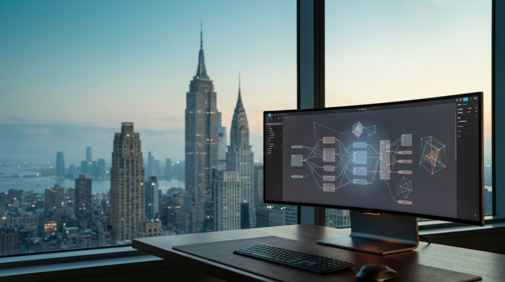 A professional 16:9 editorial architectural photograph shot on an 85mm lens at f/2.0, featuring a sleek, high-end ultra-wide curved monitor placed in the lower-right third of the frame, displaying complex, non-textual abstract web wireframes and clean vector node pathways in a soft digital glow. The foreground device is crafted from brushed metallic gray aluminum with subtle burnt orange indicator lights. The background, occupying the left and center two-thirds, captures the iconic, unmistakable silhouette of the New York City skyline at the transition of twilight into early dawn, with the majestic Empire State Building and Art Deco high-rise peaks rising through a soft, tranquil morning mist over the harbor. The scene is bathed in a cohesive color palette of deep teal shadows, soft cyan atmospheric haze, and warm cream light catching the edges of the distant stone and glass architecture. The composition provides extensive, uncluttered negative space in the upper-left sky for copy, featuring pristine, unoccupied urban surfaces, natural photographic bokeh, and zero humans, text, logos, or futuristic holograms, maintaining a grounded, sophisticated, and high-end commercial aesthetic.
