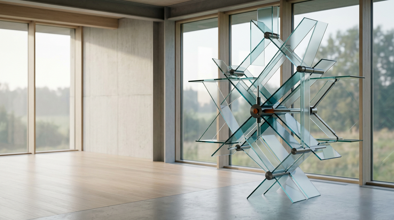 A cinematic, eye-level wide shot of a sophisticated, minimalist architectural office interior, featuring a singular, meticulously crafted sculptural installation representing interconnected data paths, composed of intersecting translucent glass planes and brushed metallic nodes. The installation is positioned on the right side of the frame against a backdrop of floor-to-ceiling windows overlooking a soft, out-of-focus morning landscape, allowing the left two-fifths of the frame to remain as clean, uncluttered negative space for copy. Soft, warm morning sunlight enters from the left, illuminating the interior with natural textures of light-toned wood and concrete. Subtle highlights of deep teal and soft cyan are integrated as faint, reflected luminescence within the glass edges of the sculpture, while a tiny, controlled touch of burnt orange serves as a singular, precise mechanical detail on a central node. The scene is captured with a 50mm lens, showcasing realistic material reflections, subtle depth of field, and crisp, natural shadows. The environment is devoid of people, screens, text, and interface elements, focusing entirely on the physical representation of organized, high-performance flow. Photorealistic, cinematic photography, 8K resolution, high detail, balanced composition, generated by nanobanana pro --ar 16:9