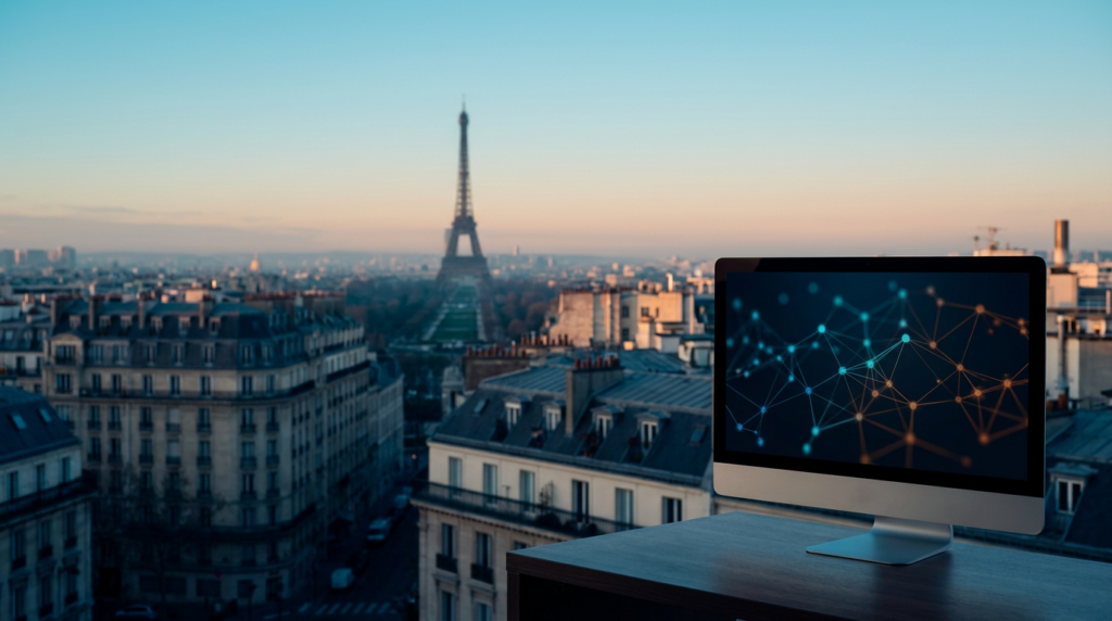 A professional, high-end 16:9 editorial photograph captured on an 85mm prime lens at f/2.0, showcasing a serene, wide-angle view of the Paris skyline at the golden transition from deep twilight to early dawn, with the iconic silhouette of the Eiffel Tower rising gracefully above the soft, atmospheric haze of the Champ de Mars in the distant center-left background, the left two-thirds of the frame dedicated to expansive, clean, negative space featuring the cool, deep teal gradients of a pre-dawn sky, in the lower-right third of the frame rests a sleek, brushed metallic workstation monitor featuring a refined, non-textual abstract AI neural network node visualization with glowing burnt orange connection paths on a crisp display, the lighting is a masterful blend of deep teal shadows, soft cyan atmospheric morning haze, and warm cream light catching the edges of local Haussmann-style zinc rooflines and the monitor’s metallic bevels, the entire scene is entirely unoccupied and devoid of humans, featuring no text, no logos, no signage, and no surreal elements, captured with sharp, tactile foreground focus on the hardware while the Parisian architecture behind remains in a sophisticated, photographic soft bokeh, grounded in ultra-realistic architectural photography standards.